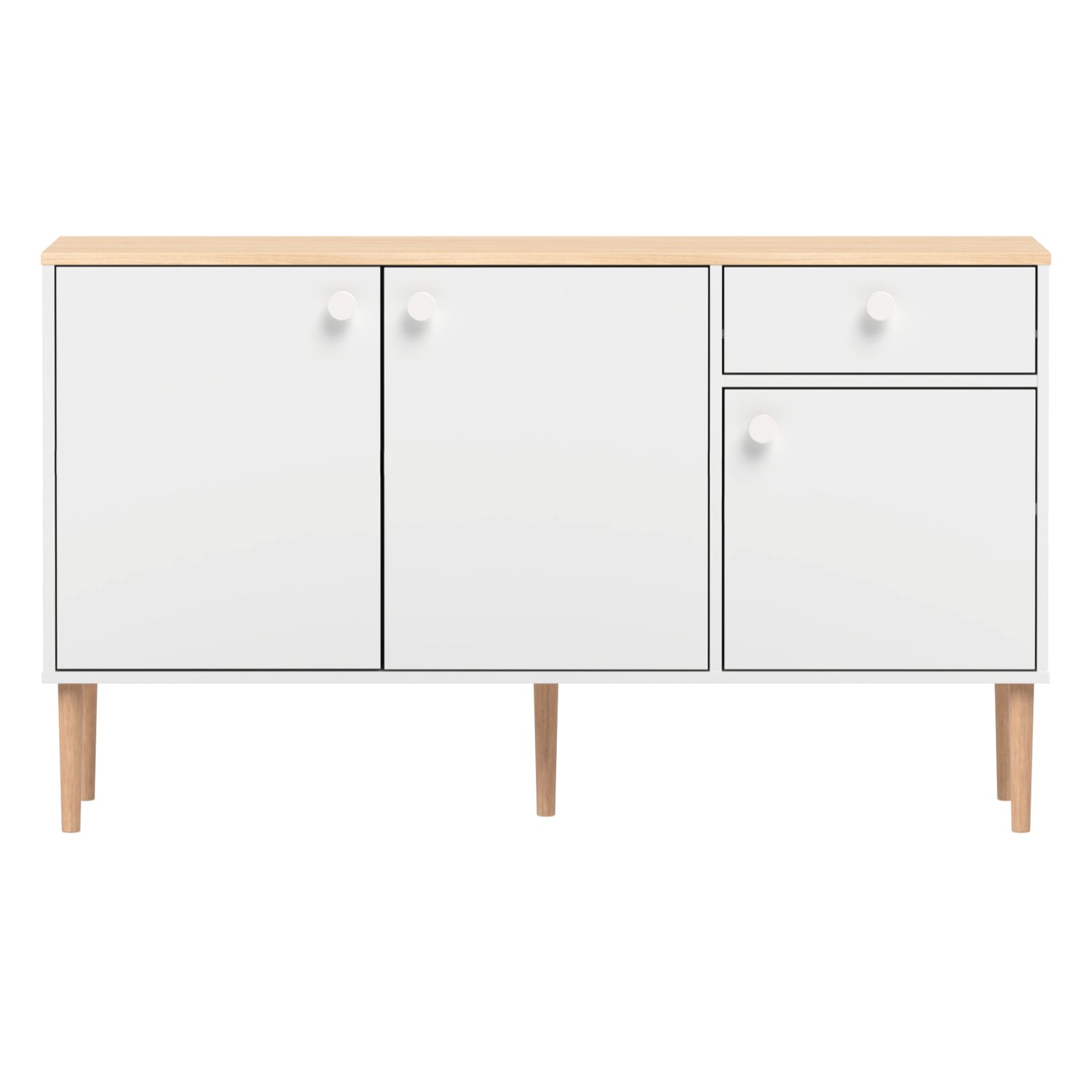 Valkoinen-luonnonvärinen Stemma-senkki lv-tammijaloilla sekä tammenvärisellä kannella. Kalusteessa on valkoiset nuppivetimet.