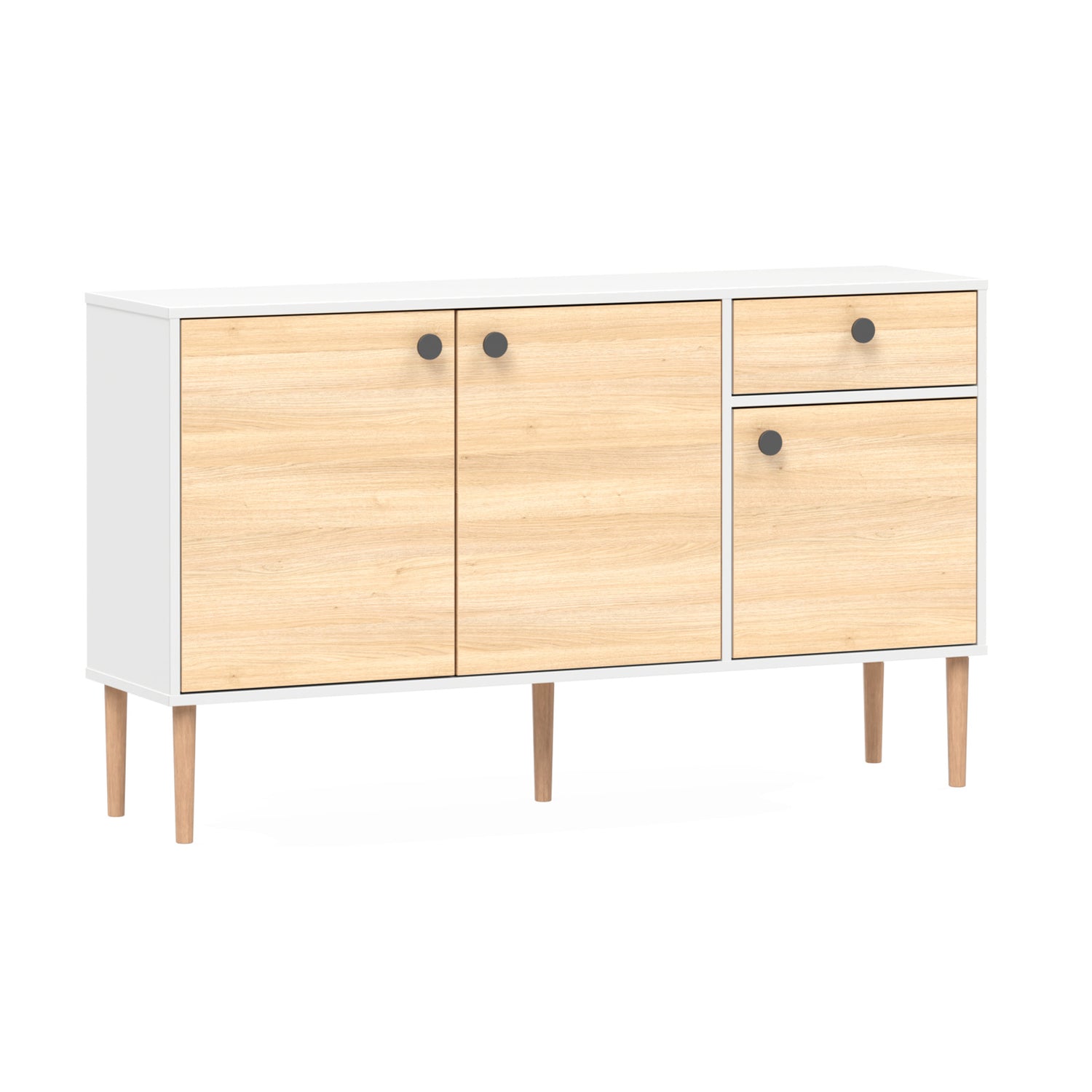 Valkoinen-tammi Stemma-senkki tammisilla jaloilla. Kalusteessa on mustat nuppivetimet.