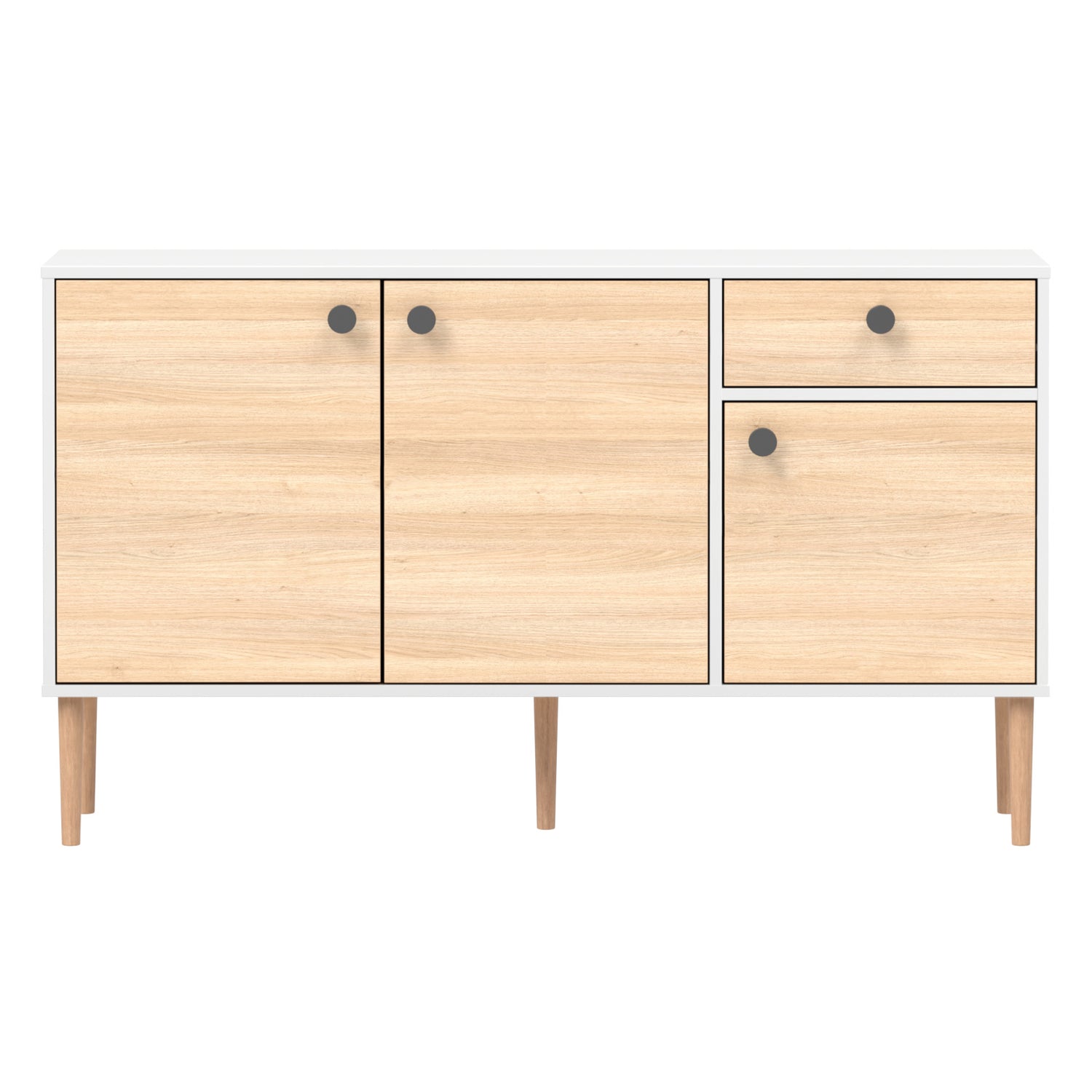 Valkoinen-tammi Stemma-senkki tammisilla jaloilla. Kalusteessa on mustat nuppivetimet.