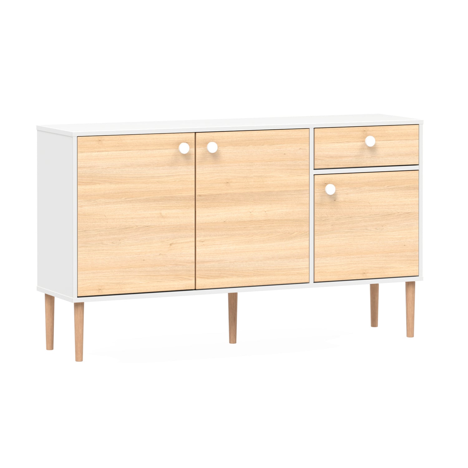 Valkoinen-tammi Stemma-senkki tammisilla jaloilla. Kalusteessa on valkoiset nuppivetimet.