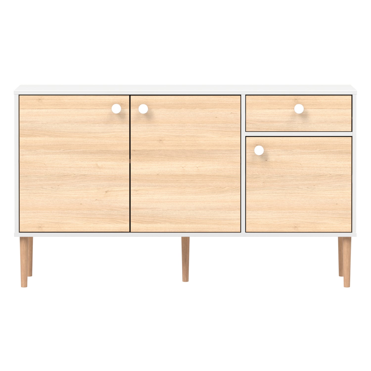 Valkoinen-tammi Stemma-senkki tammisilla jaloilla. Kalusteessa on valkoiset nuppivetimet.