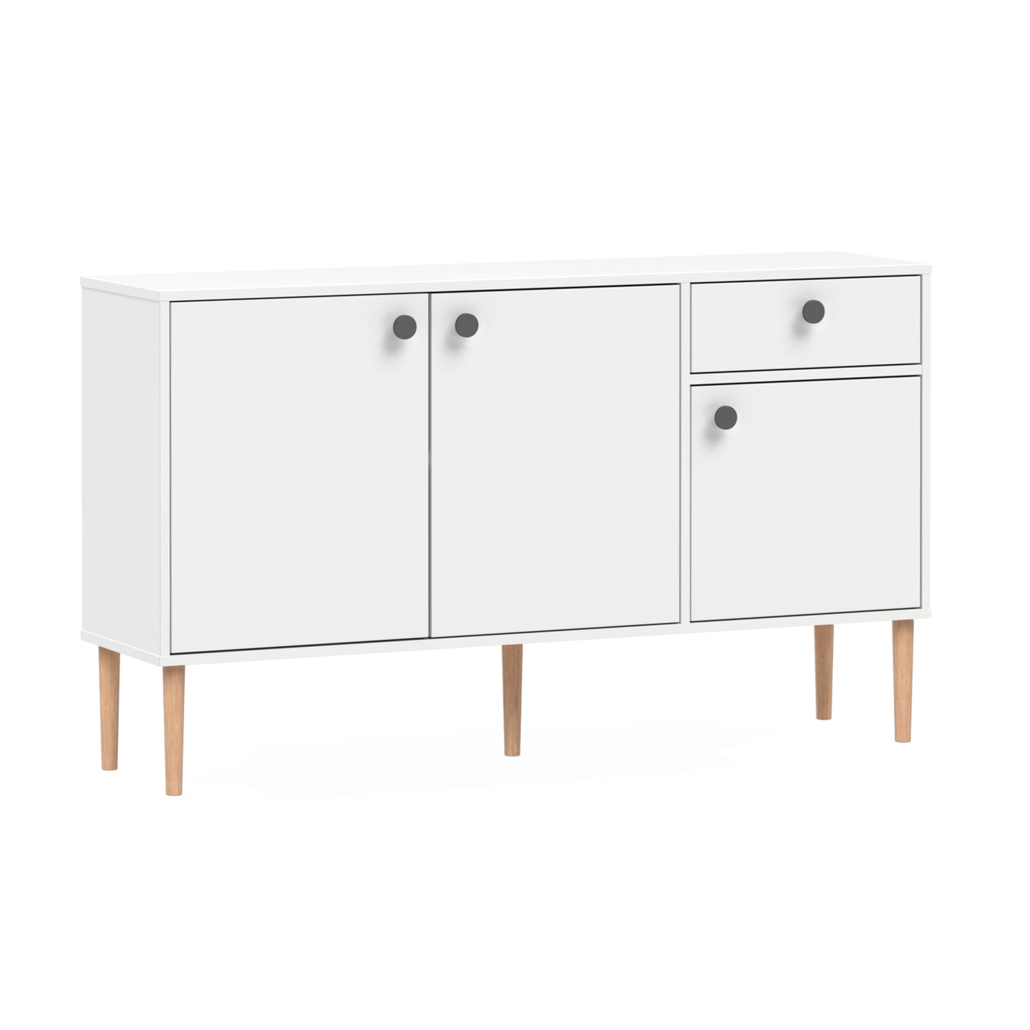 Kuvassa on kokovalkoinen Stemma-senkki tammisilla jaloilla. Kalusteessa on mustat nuppivetimet.