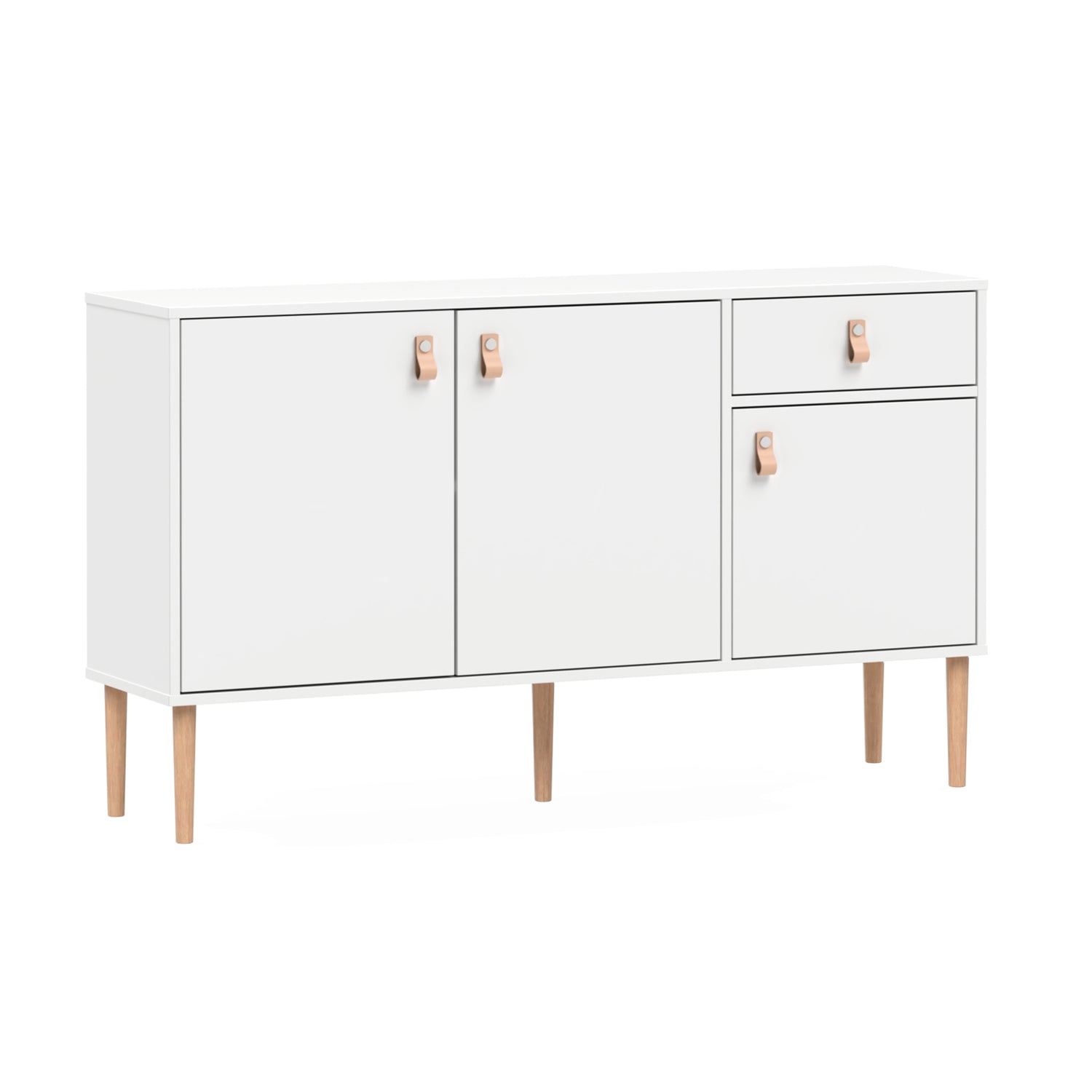 Kokovalkoinen Stemma-senkki tammisilla jaloilla. Kalusteessa on luonnonväriset nahkavetimet.