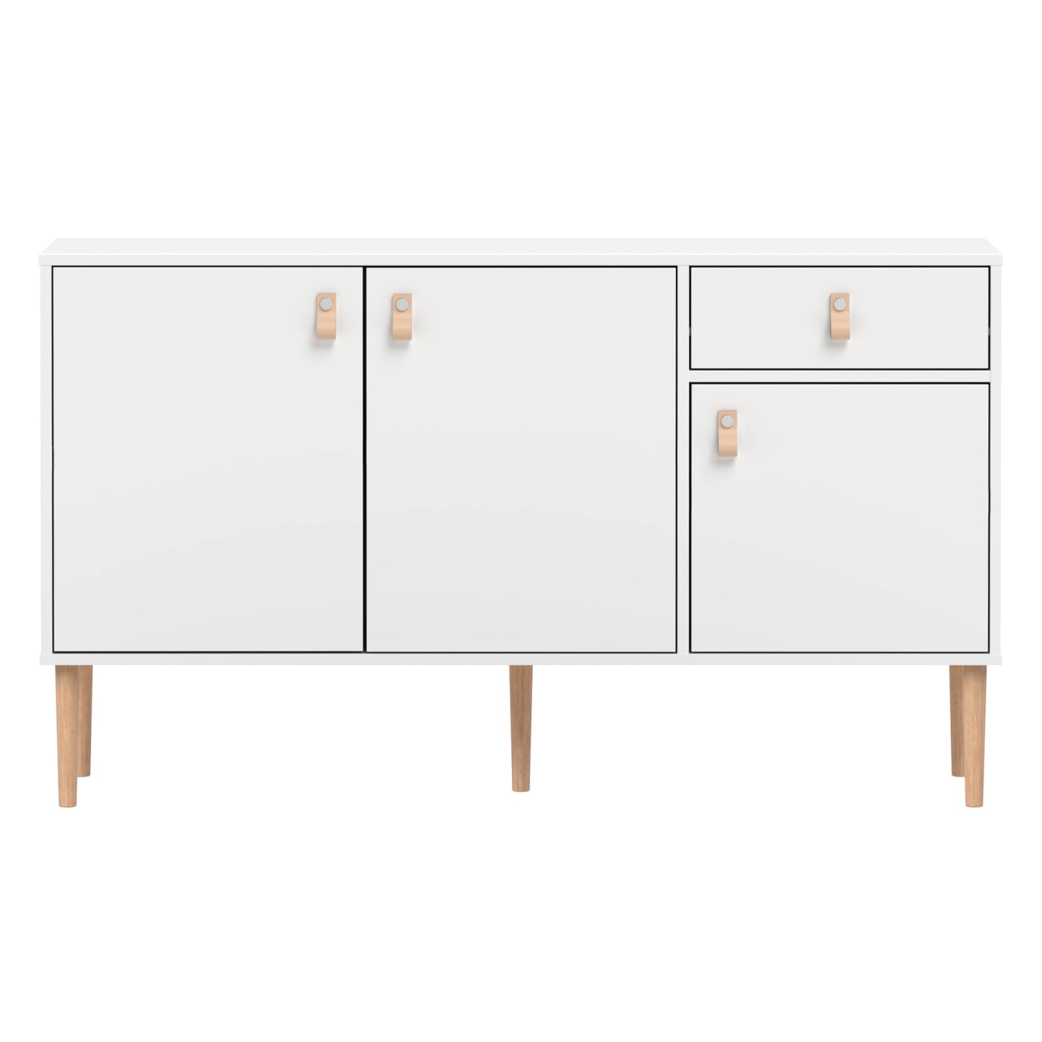 Kokovalkoinen Stemma-senkki tammisilla jaloilla. Kalusteessa on luonnonväriset nahkavetimet.