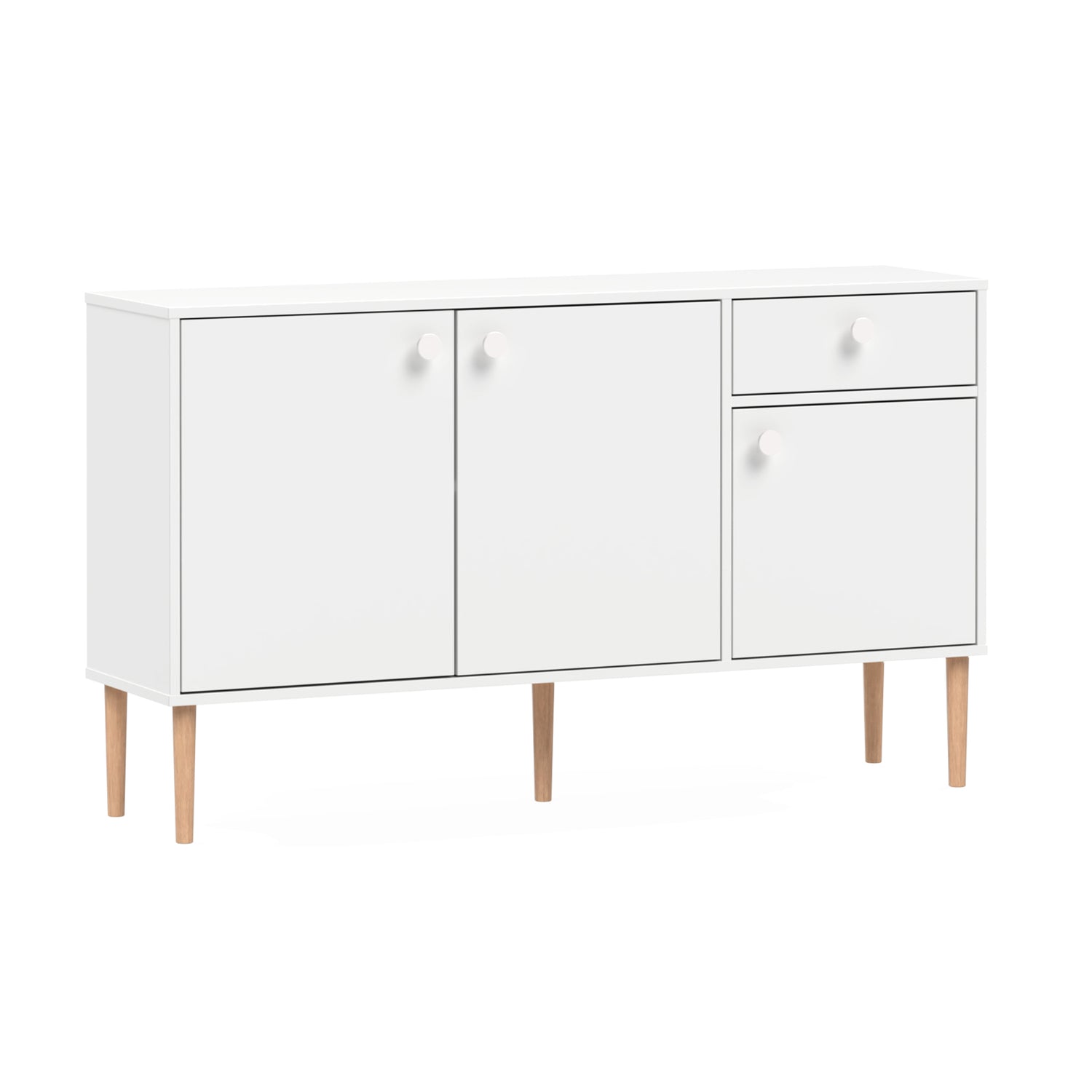 Kuvassa on kokovalkoinen Stemma-senkki tammisilla jaloilla. Kalusteessa on valkoiset nuppivetimet.