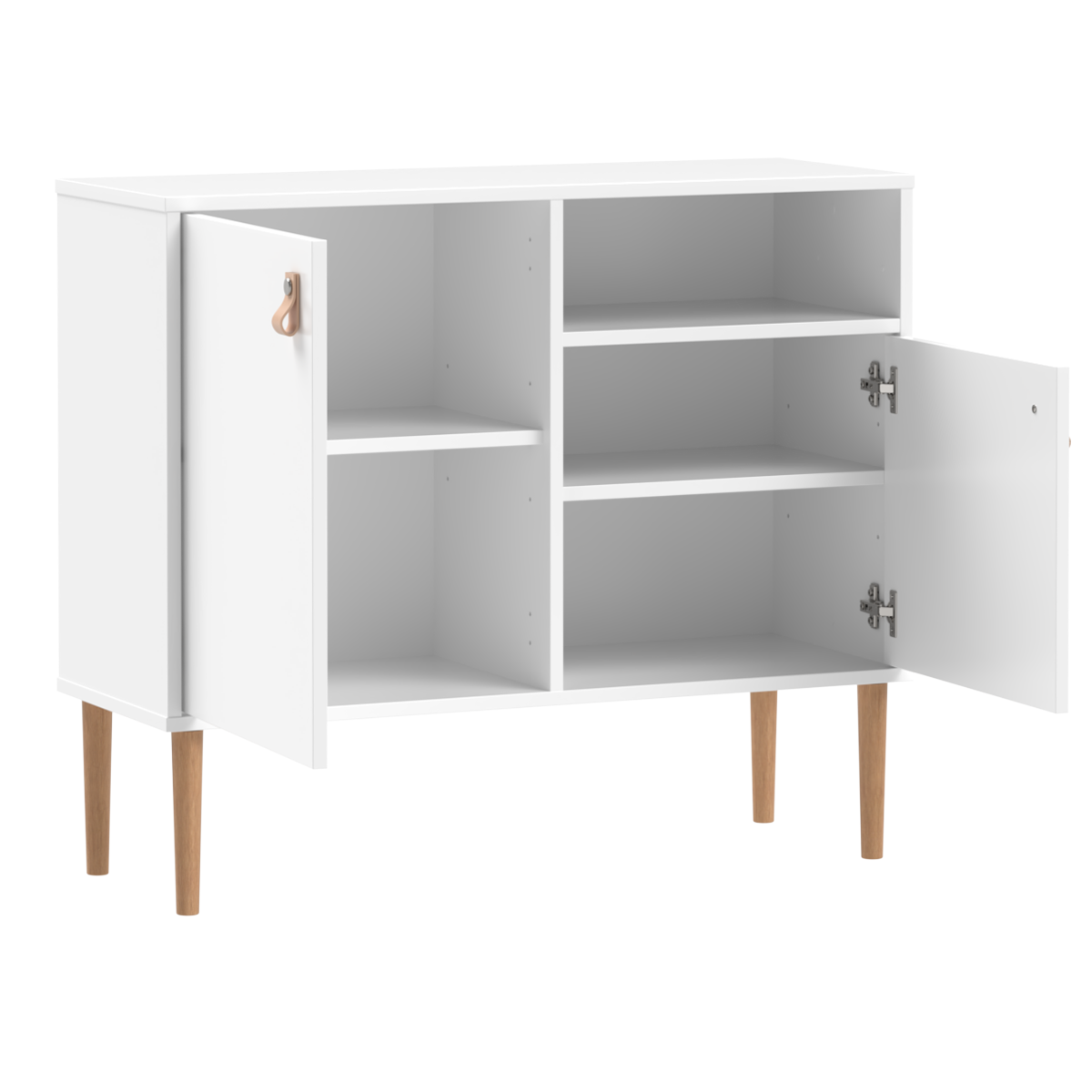 Kokovalkoinen Stemma-lipastokaappi lv-tammijaloilla ja luonnonvärisillä nahkavetimillä. Kuvassa näkyvissä säilytystilat siirrettävillä hyllyillä.