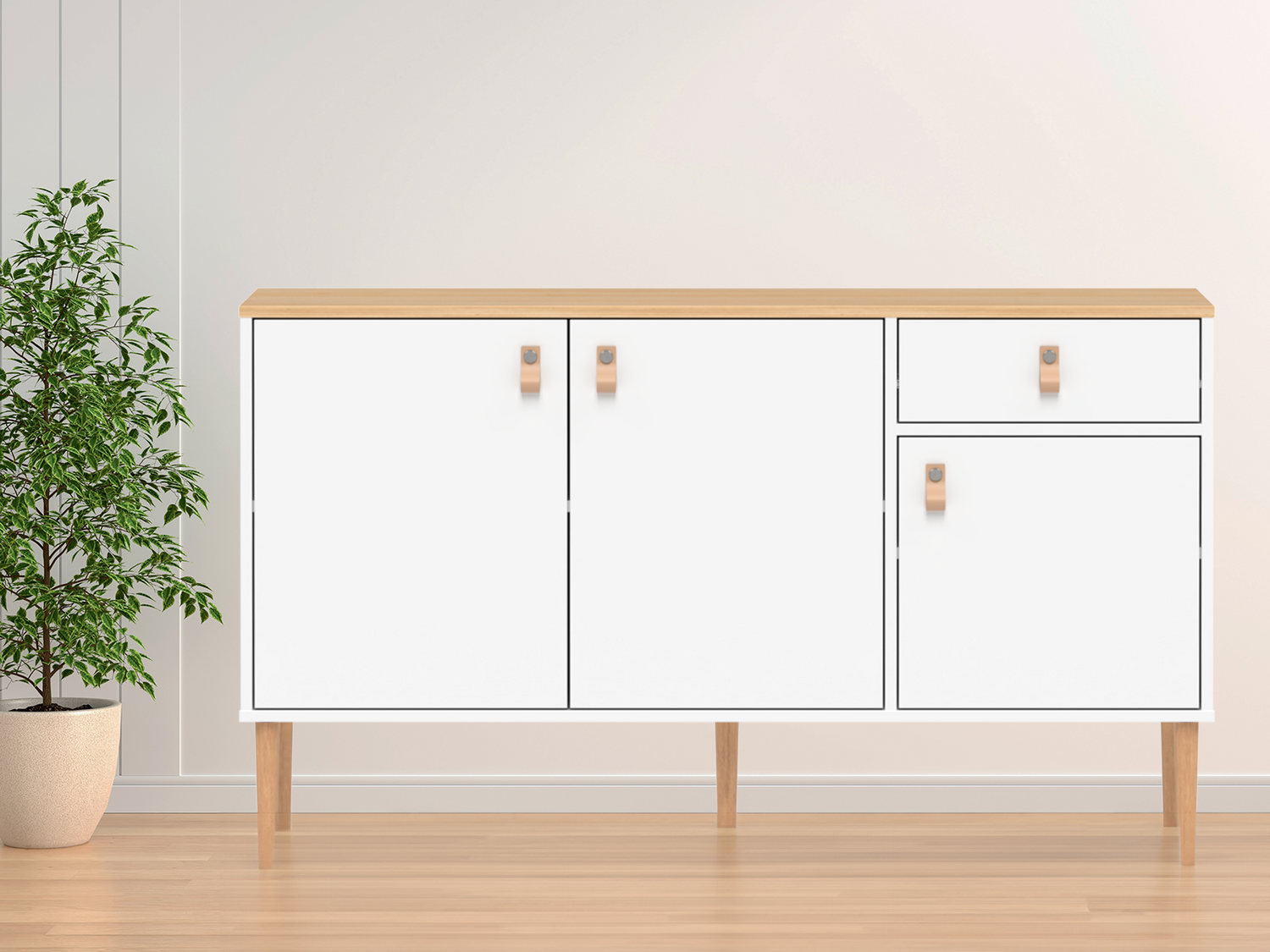 Kuvassa on valkoinen-luonnonvärinen Stemma-senkki lv-tammijaloilla sekä tammenvärisellä kannella. Kalusteessa on luonnonväriset nahkavetimet.