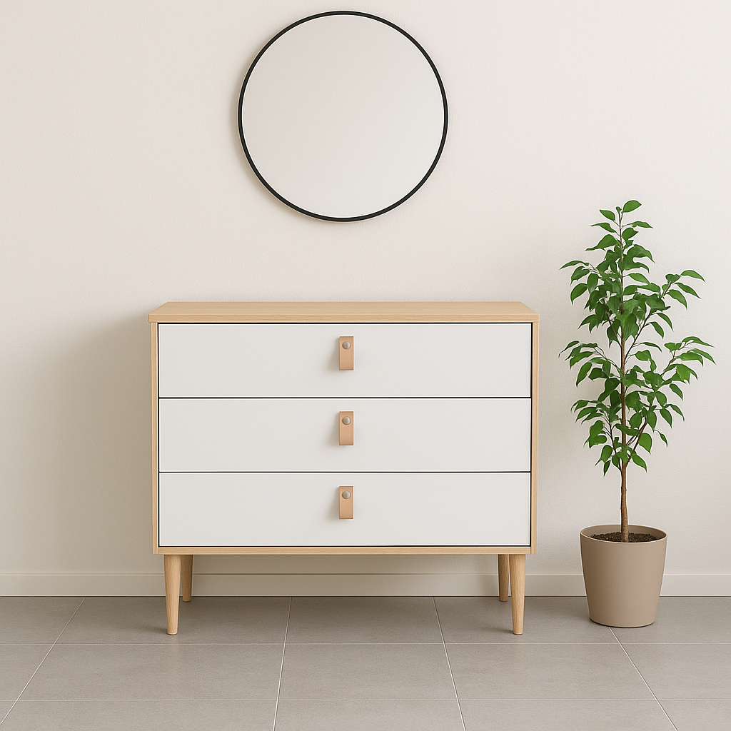 Tammi-valkoinen Stemma-laatikosto luonnonvärisillä tammijaloilla. Kalusteessa on luonnonväriset nahkavetimet. Stailattu visualisointi.