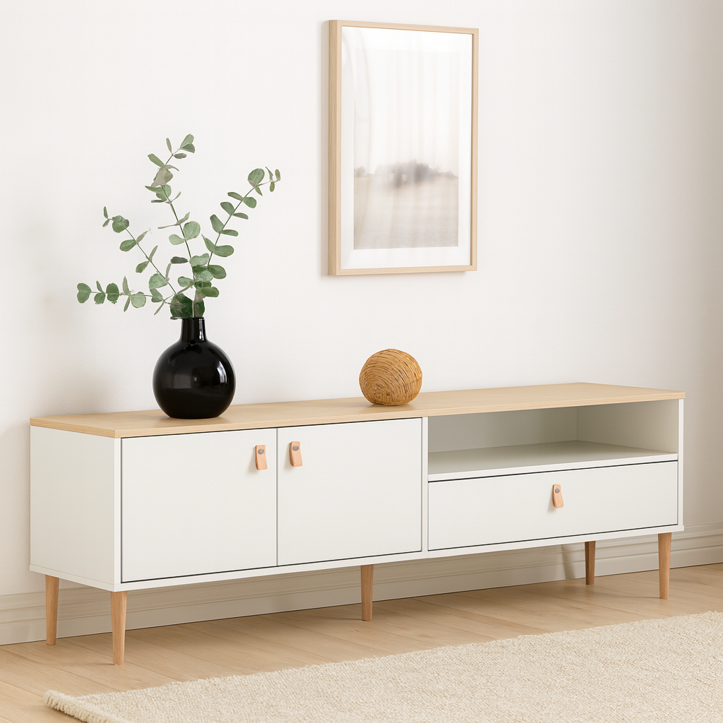 Kuvassa on valkoinen-luonnonvärinen Stemma-tv-taso lv-tammijaloilla sekä tammenvärisellä kannella. Kalusteessa on luonnonväriset nahkavetimet. Stailattu visualisointi.