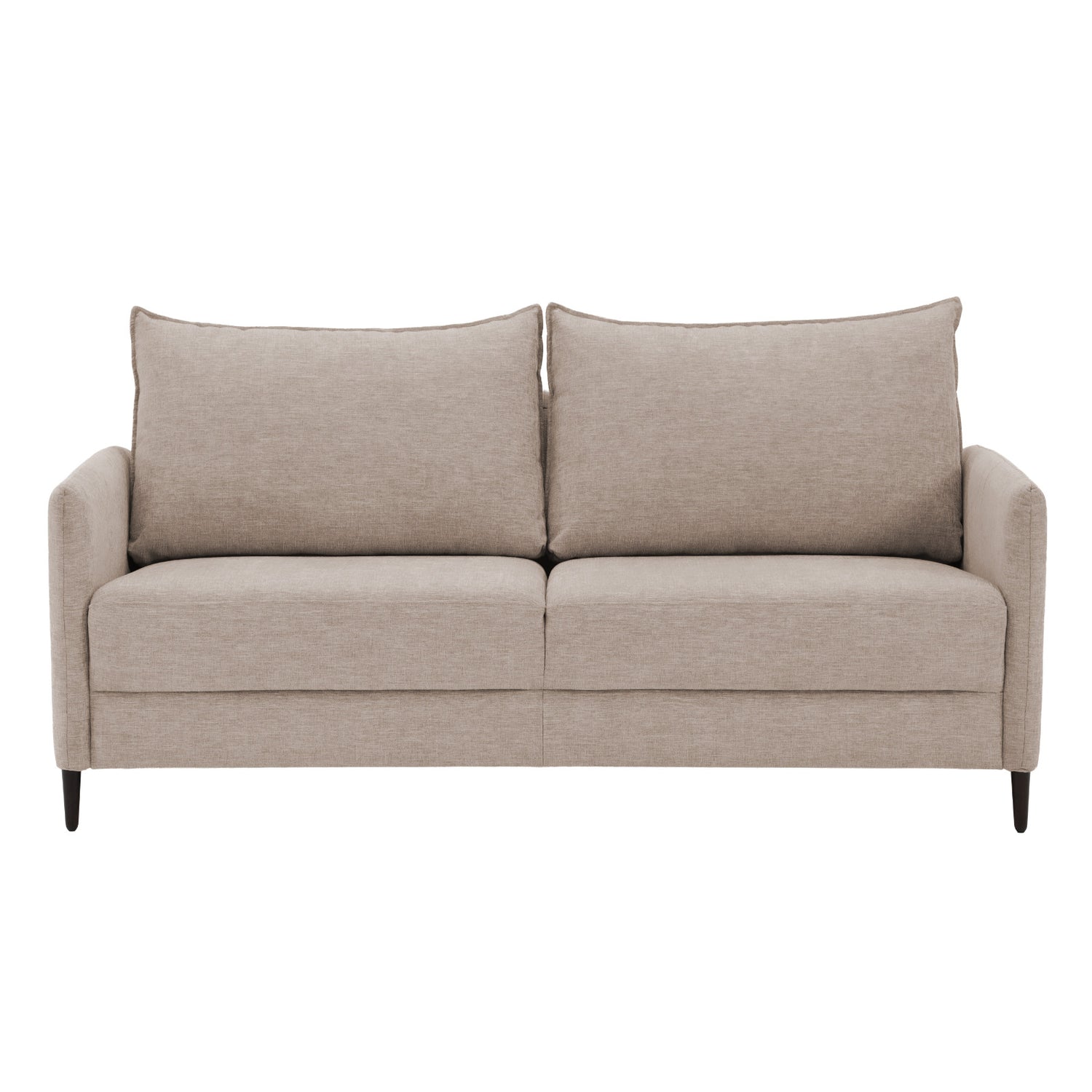 2-istuttava Stockholm-sohva beigellä Oasis 02 -kankaalla ja 12 cm korkeilla wengenvärisillä puujaloilla.