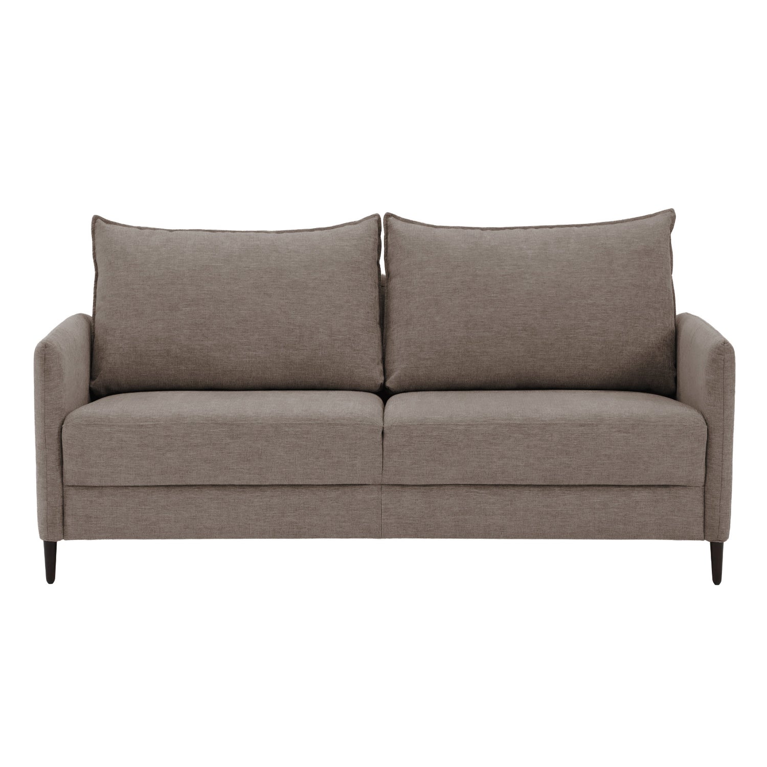 Stockholm Max Hybrid Deluxe 2-istuttava-vuodesohva ruskealla Oasis 03 -kankaalla. Vuodesohvassa on wengen väriset koivujalat.