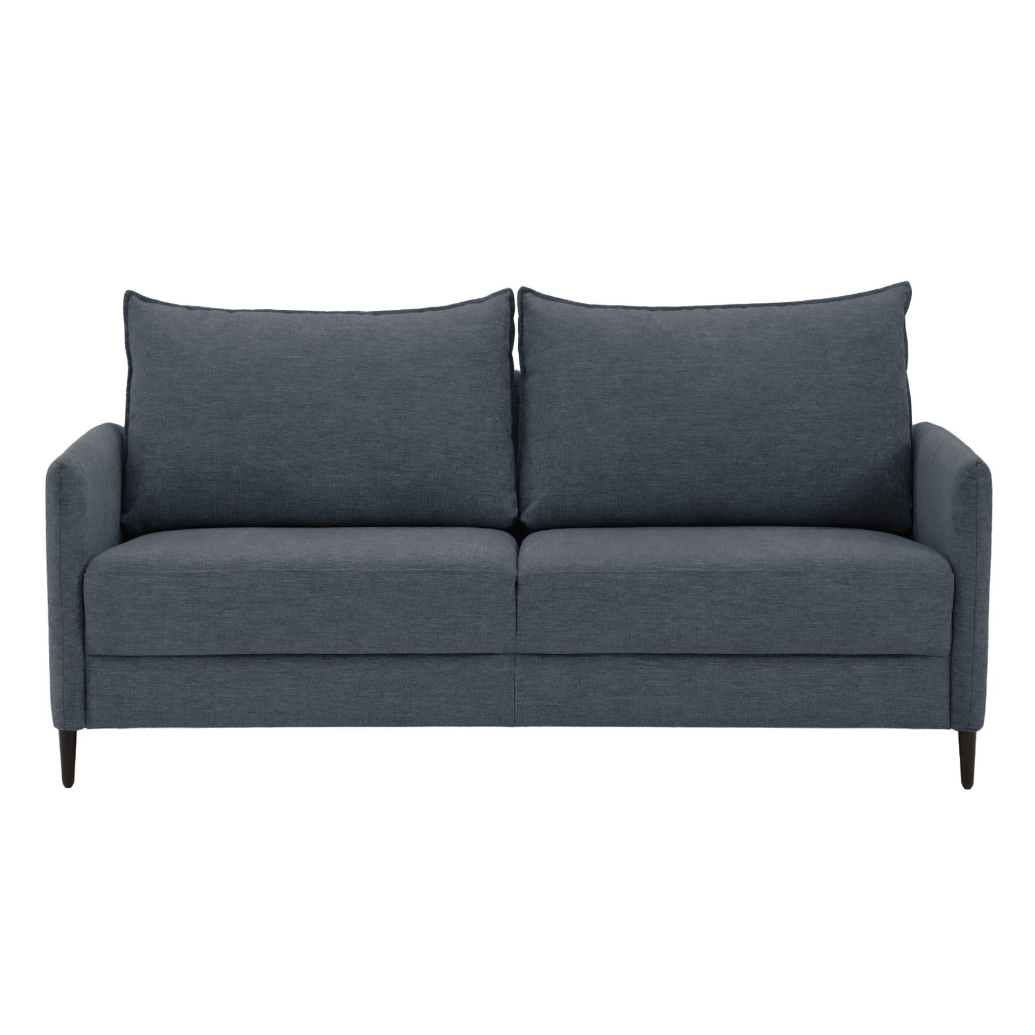 Stockholm Max Hybrid Deluxe 2-istuttava-vuodesohva sinisellä Oasis 12 -kankaalla. Vuodesohvassa on wengen väriset koivujalat.