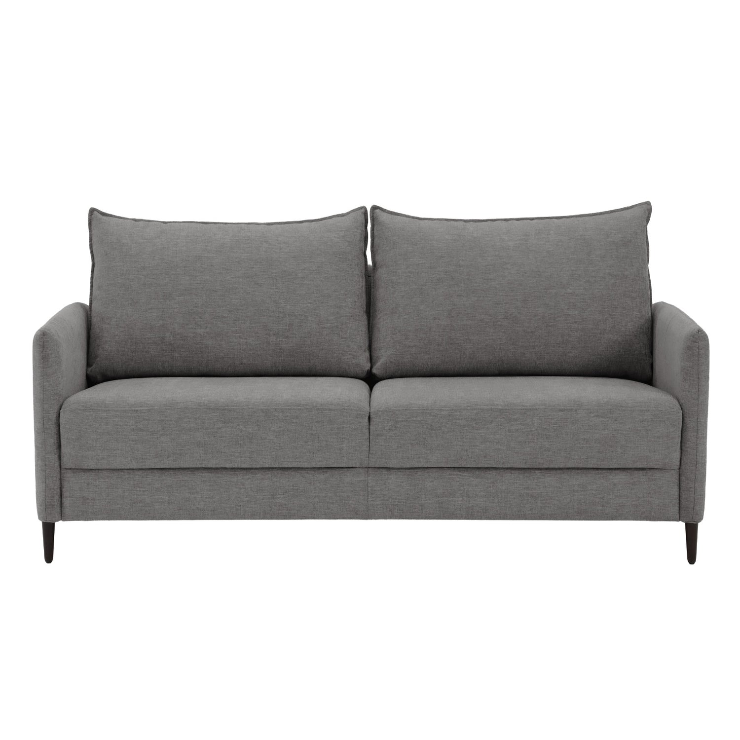 2-istuttava Stockholm-sohva harmaalla Oasis 17 -kankaalla ja 12 cm korkeilla wengenvärisillä puujaloilla.