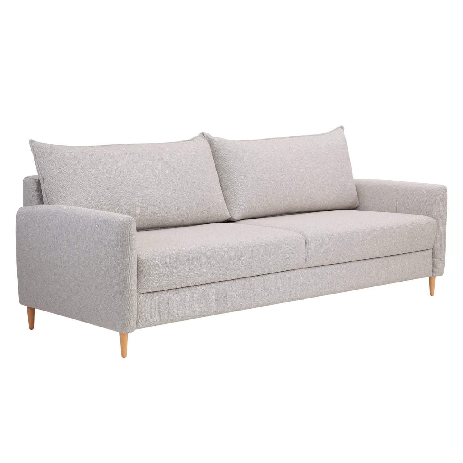 3-istuttava Stockholm-vuodesohva vaalealla Oasis 01 -kankaalla. Sohvassa on 12 cm korkeat luonnonväriset tammijalat.