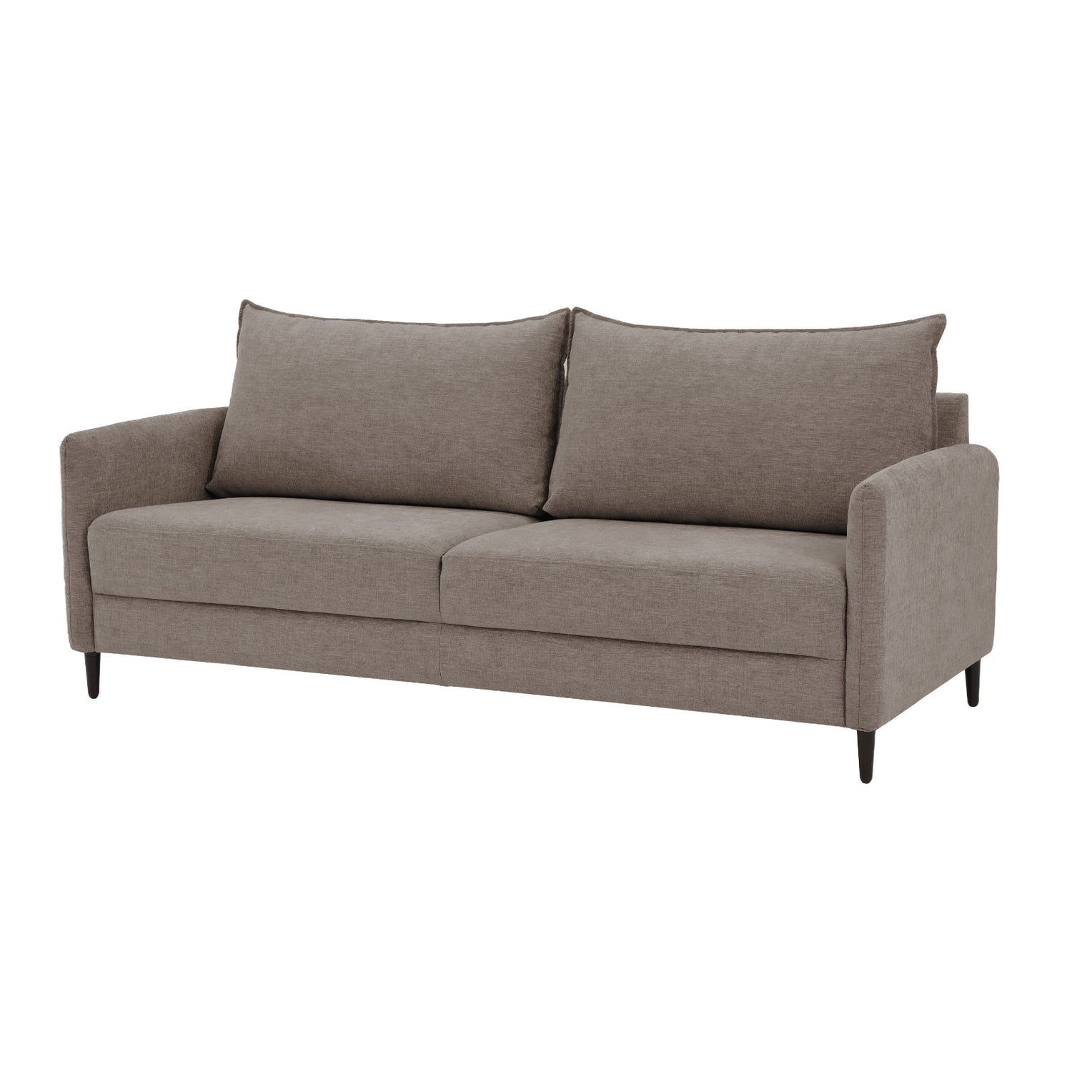 3-istuttava Stockholm-sohva ruskealla Oasis 03 -kankaalla ja 12 cm korkeilla wengenvärisillä puujaloilla.