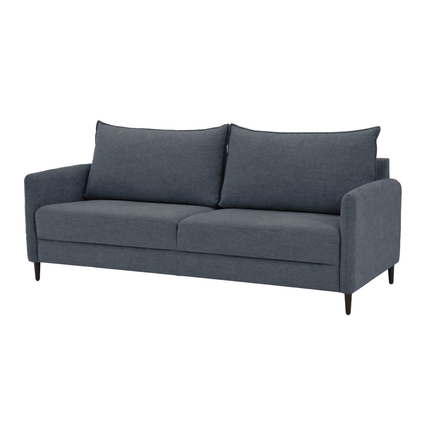 3-istuttava Stockholm-sohva sinisellä Oasis 12 -kankaalla ja 12 cm korkeilla wengenvärisillä puujaloilla.