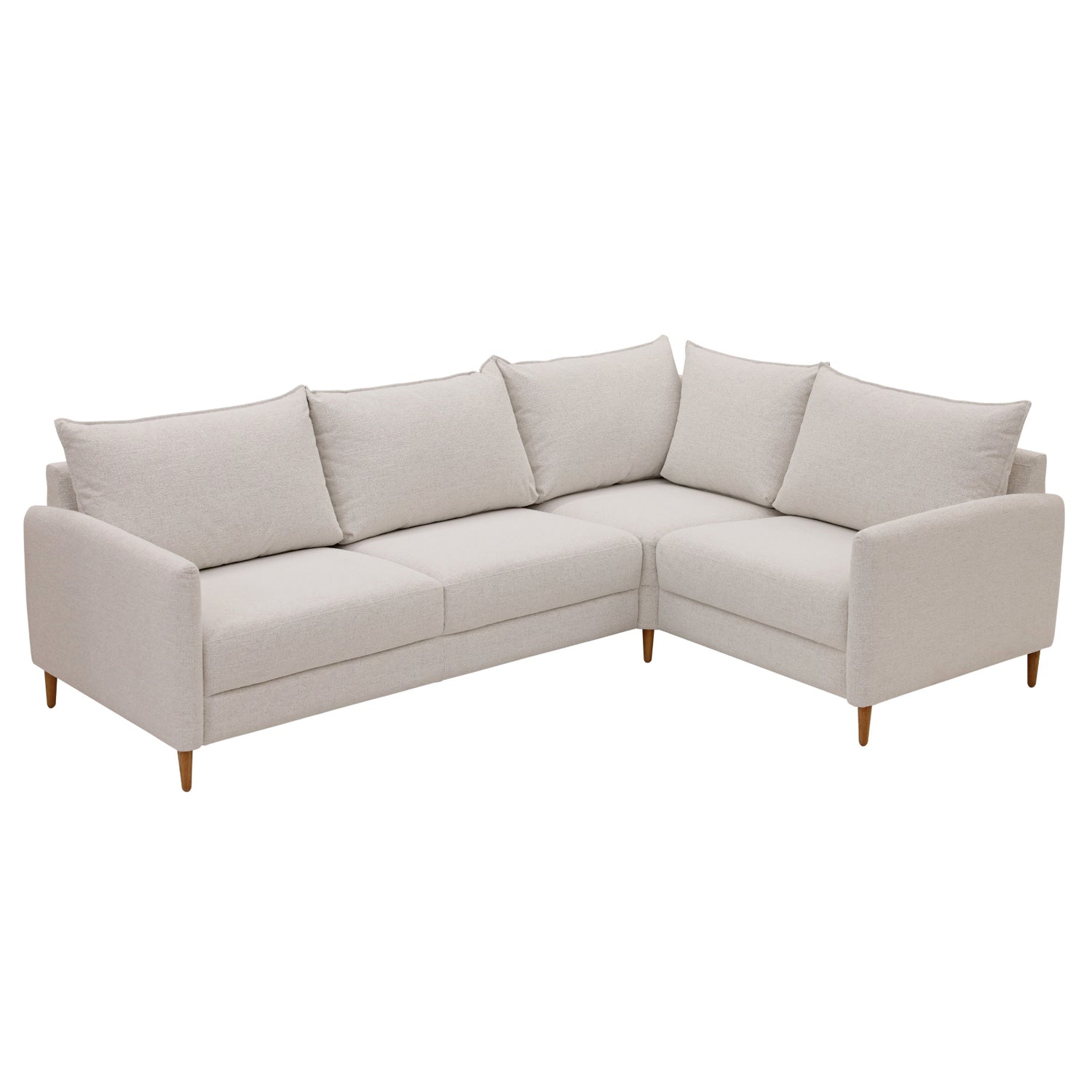 Stockholm-kulmasohva vaalealla hiekanvärisellä Bond 06-kankaalla. Sohvassa on 12 cm korkeat luonnonväriset tammijalat. Kuvan moduulisohvassa on kokoonpano 2K1 (KN + C + L + AJ + KN).