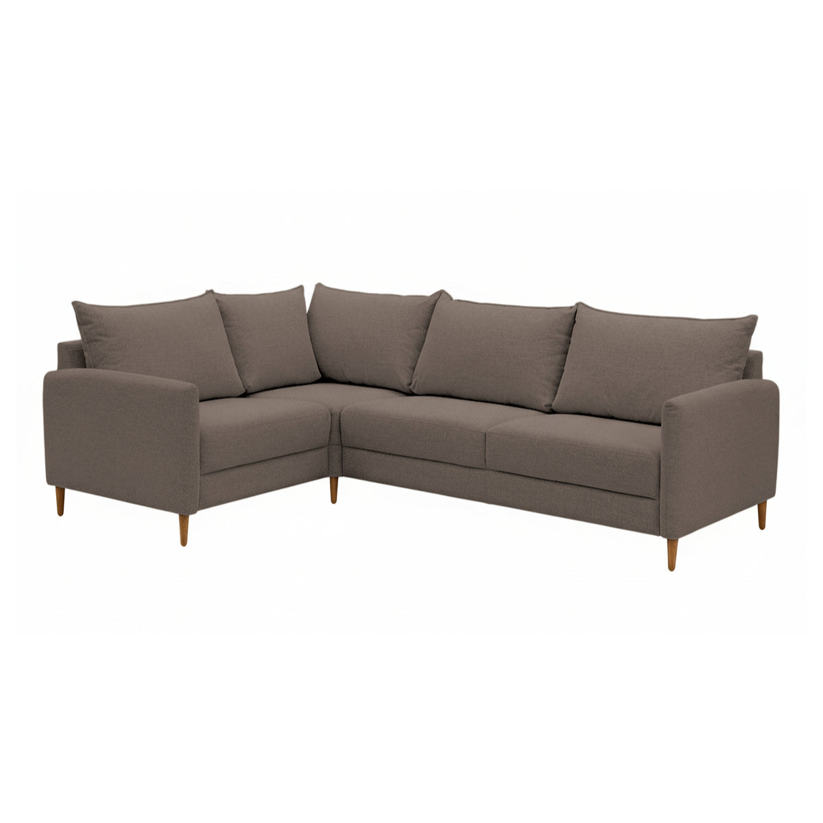 Stockholm-kulmasohva ruskealla Oasis 03 -kankaalla. Sohvassa on 12 cm korkeat luonnonväriset tammijalat. Kuvan moduulisohvassa on kokoonpano 1K2 (KN + AJ + L + C + KN).