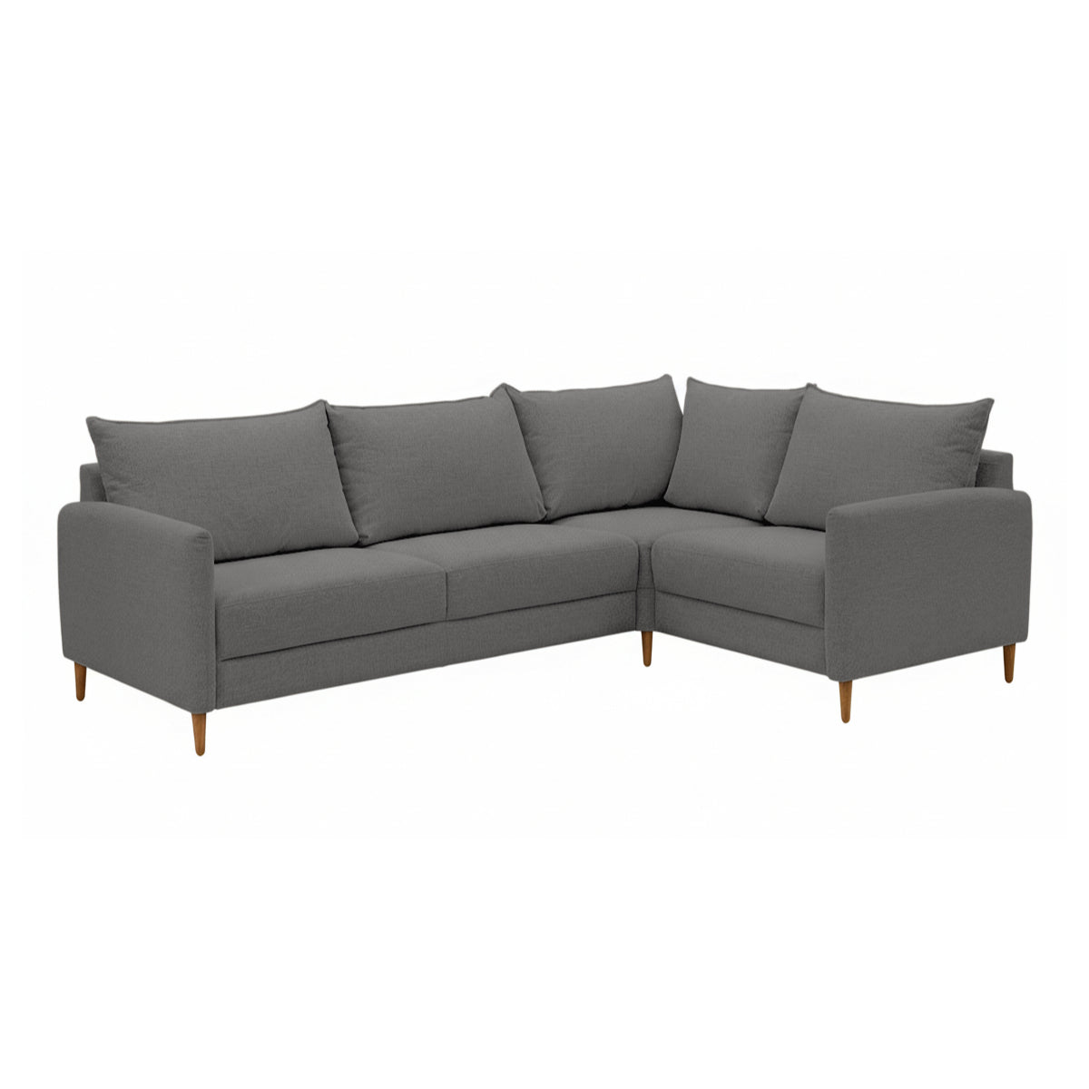 Stockholm-kulmasohva tummanharmaalla Oasis 17 -kankaalla. Sohvassa on 12 cm korkeat luonnonväriset tammijalat. Kuvan moduulisohvassa on kokoonpano 2K1 (KN + C + L + AJ + KN).