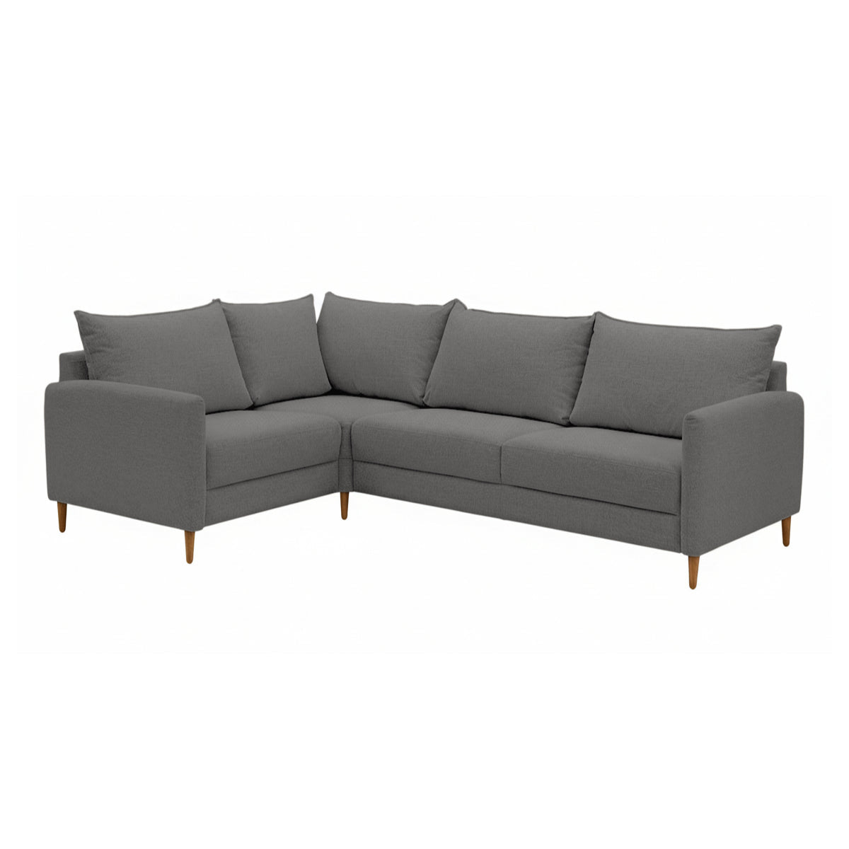 Stockholm-kulmasohva tummanharmaalla Oasis 17 -kankaalla. Sohvassa on 12 cm korkeat luonnonväriset tammijalat. Kuvan moduulisohvassa on kokoonpano 1K2 (KN + AJ + L + C + KN).