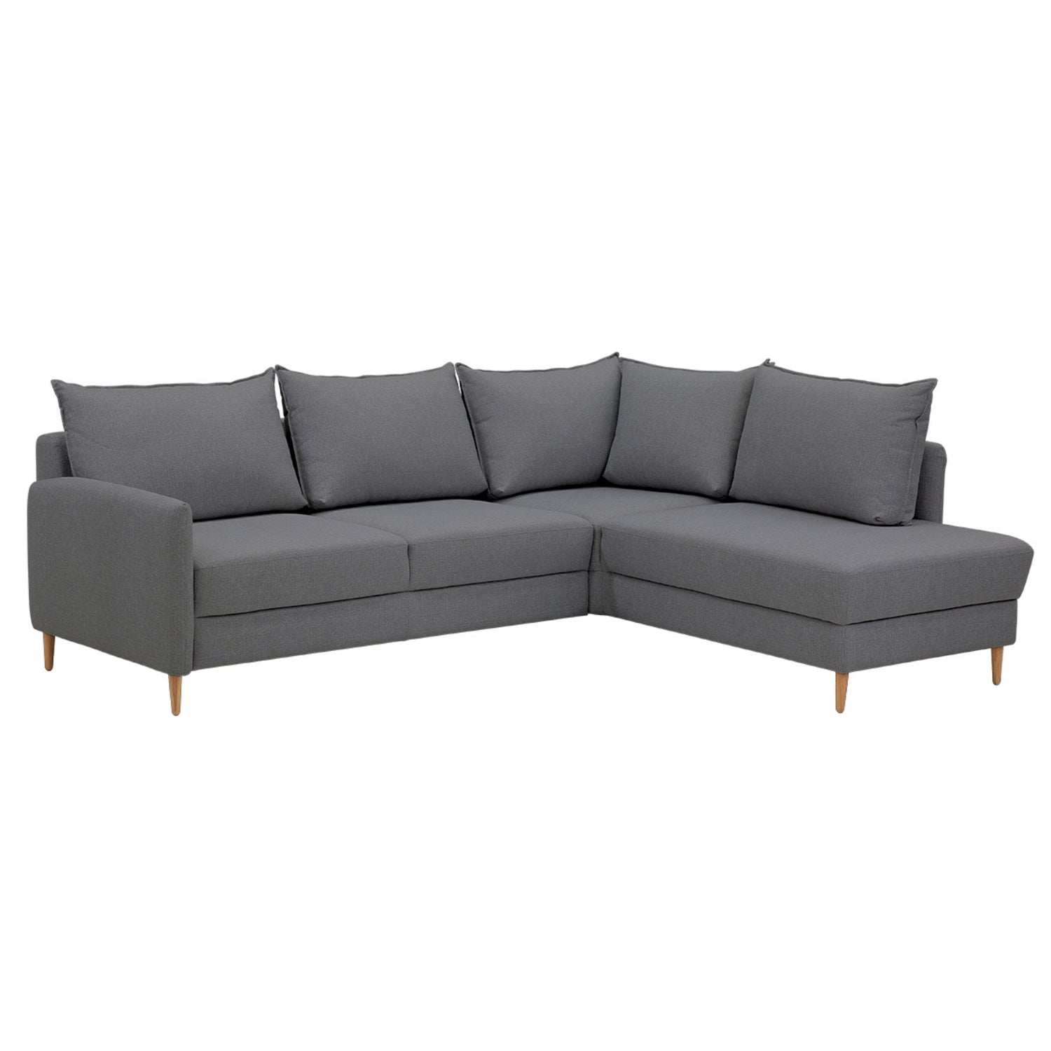 Stockholm-kulmavuodesohva harmaalla Stark 334 -kankaalla ja oikeanpuoleisella avokulmaosalla. Sohvassa on 12 cm korkeat luonnonväriset tammijalat.