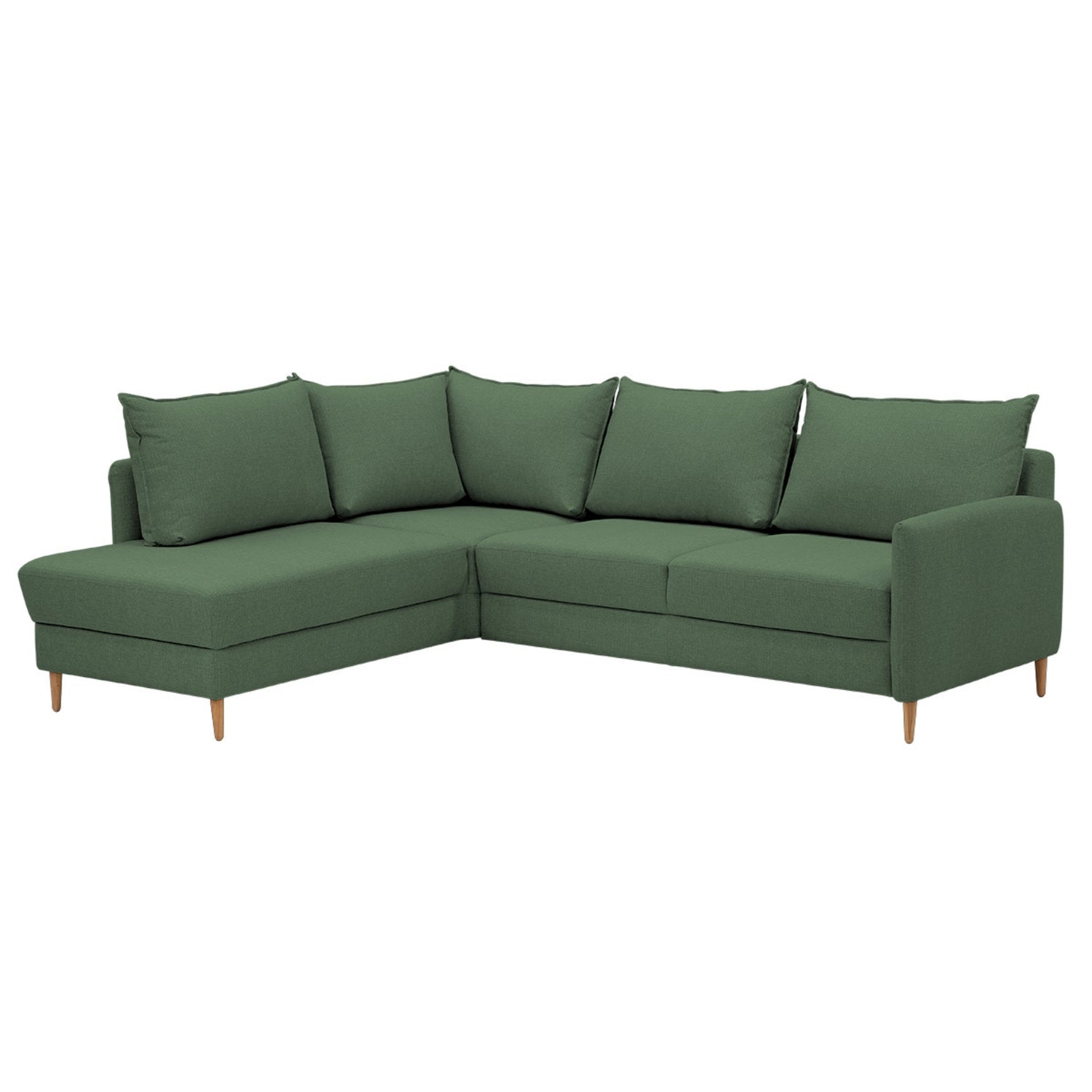 Stockholm-kulmavuodesohva vihreällä Stark 611 -kankaalla ja vasemmanpuoleisella avokulmaosalla. Sohvassa on 12 cm korkeat luonnonväriset tammijalat.