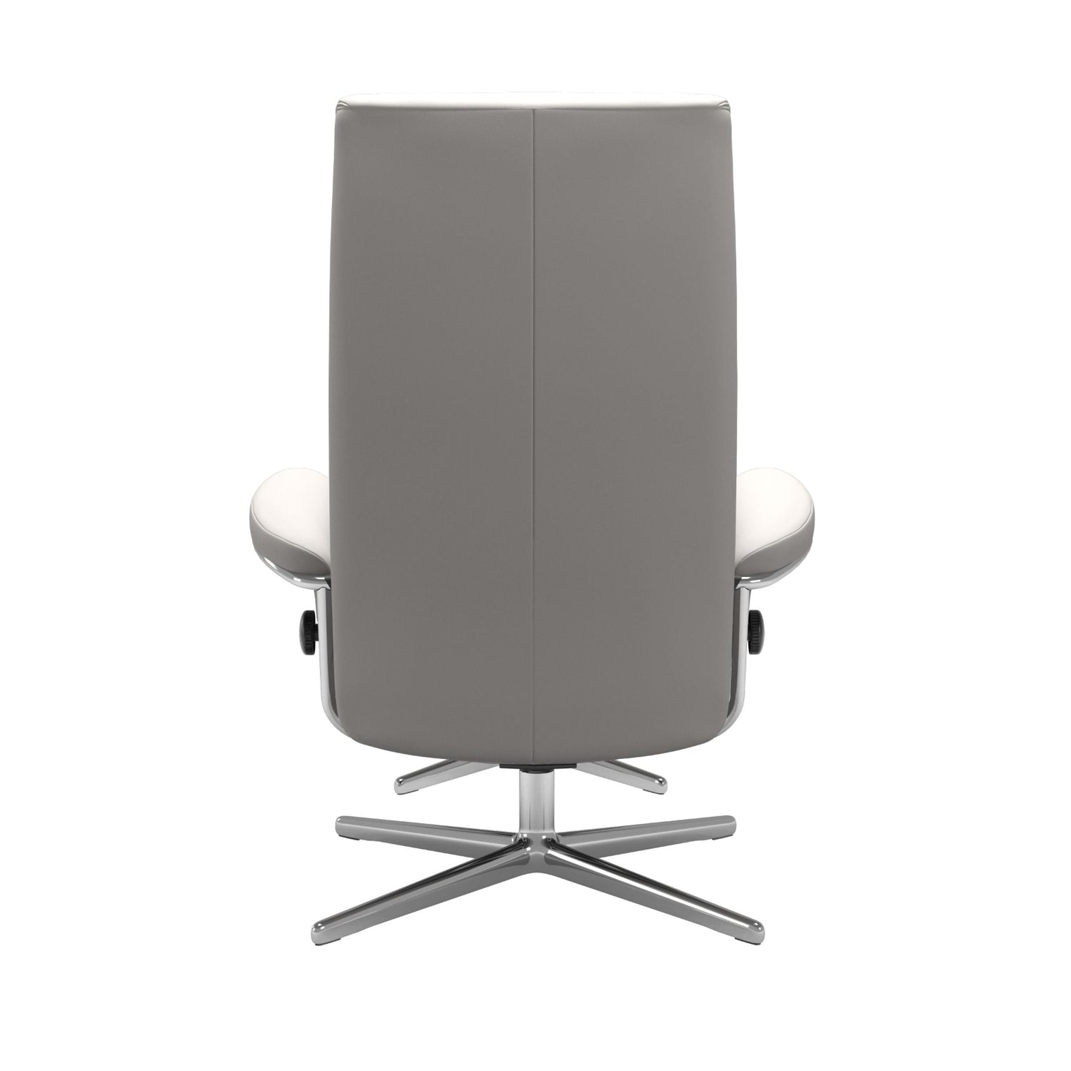 Stressless London, korkeaselkänojainen -lepotuoli ja rahi valkoisena: Milky White 05 Batick -nahkaverhoilulla ja kiiltävällä Cross-alumiinijalustalla.