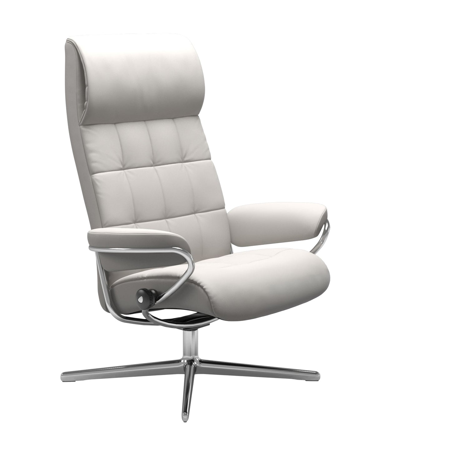 Stressless London, korkeaselkänojainen -lepotuoli valkoisena: Milky White 05 Batick -nahkaverhoilulla ja kiiltävällä Cross-alumiinijalustalla.