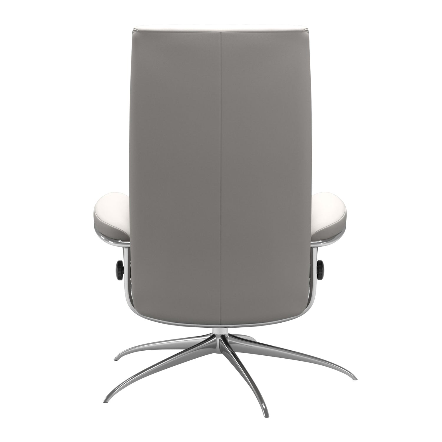 Stressless London, korkeaselkänojainen -lepotuoli valkoisena: Milky White 05 Batick -nahkaverhoilulla ja kiiltävällä Star-alumiinijalustalla.