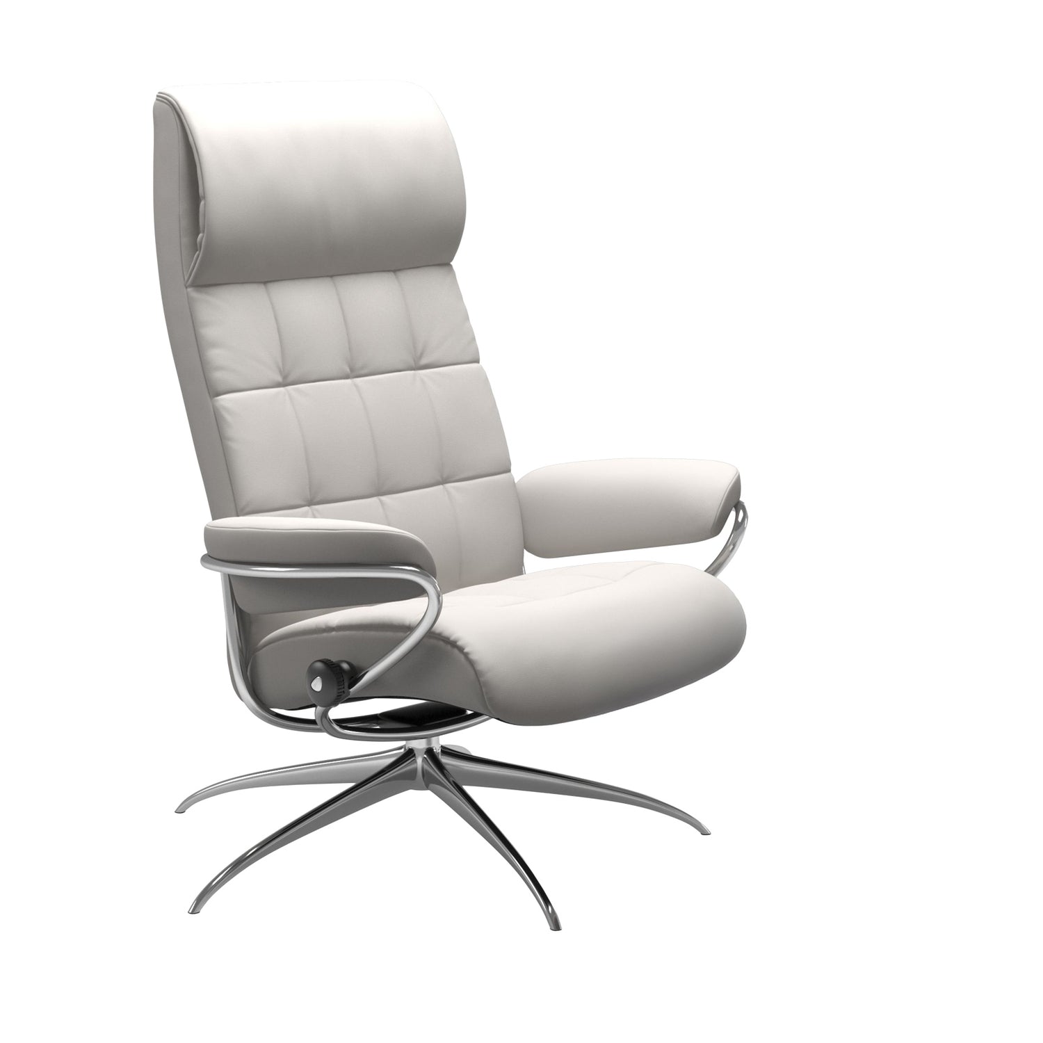 Stressless London, korkeaselkänojainen -lepotuoli valkoisena: Milky White 05 Batick -nahkaverhoilulla ja kiiltävällä Star-alumiinijalustalla.