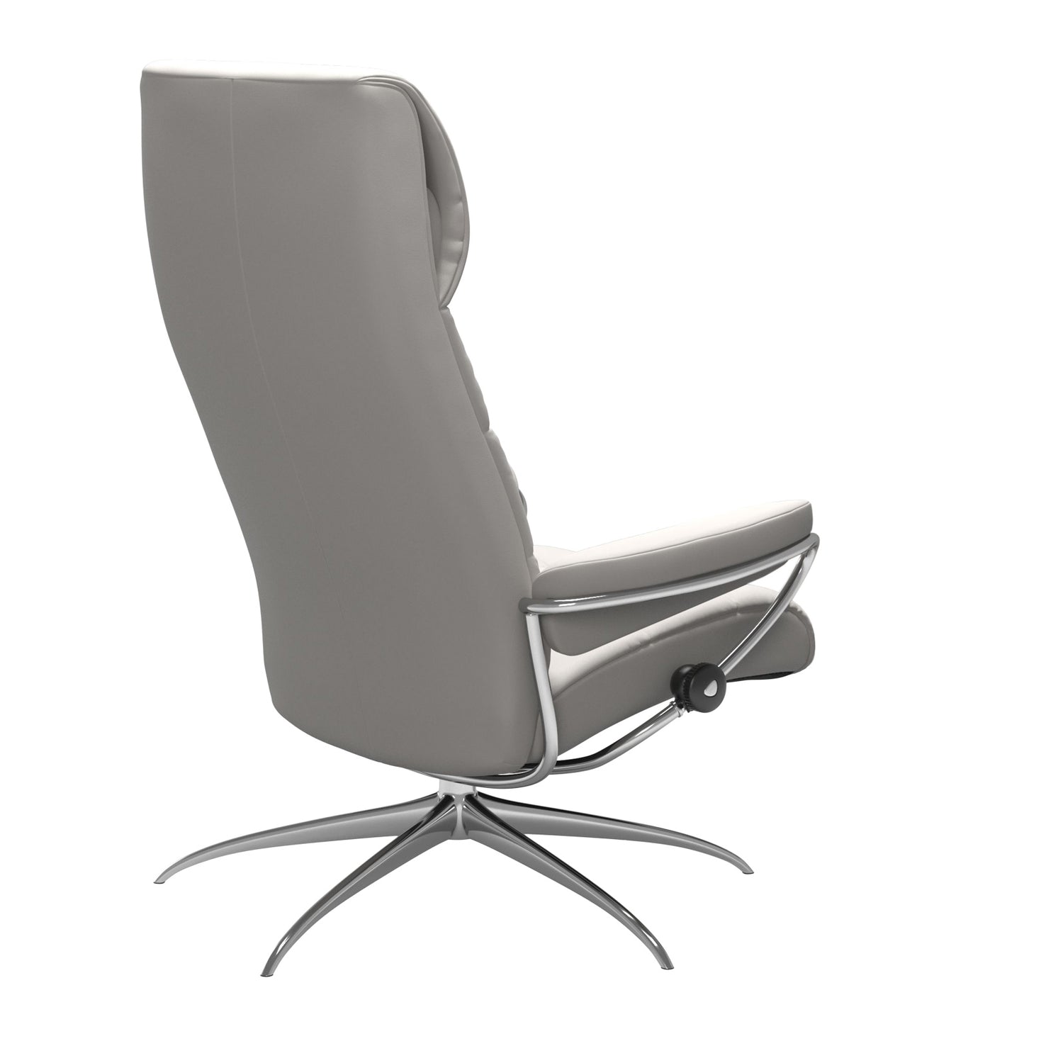 Stressless London, korkeaselkänojainen -lepotuoli valkoisena: Milky White 05 Batick -nahkaverhoilulla ja kiiltävällä Star-alumiinijalustalla.