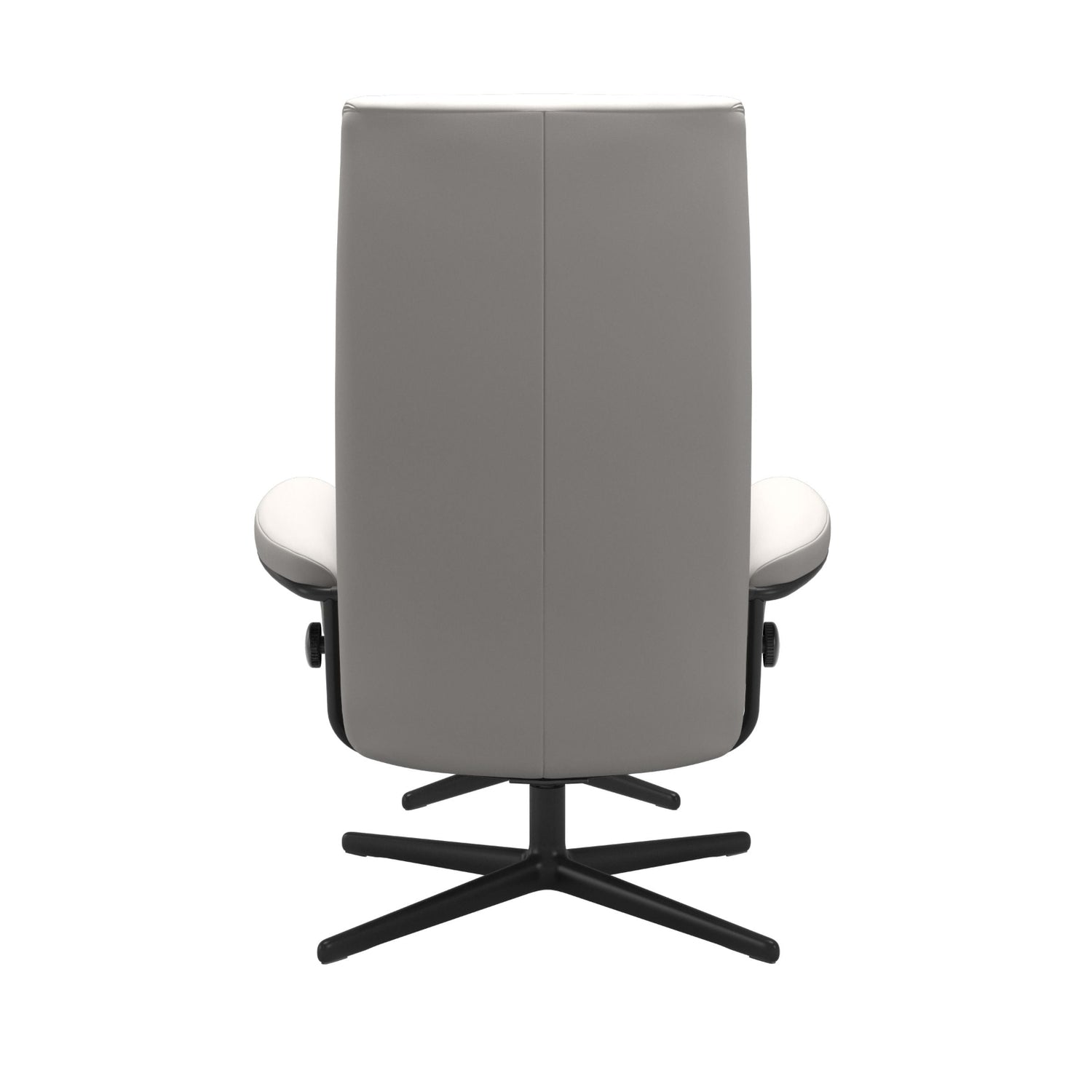 Stressless London, korkeaselkänojainen -lepotuoli ja rahi valkoisena: Milky White 05 Batick -nahkaverhoilulla ja mattamustalla Cross-metallijalustalla.