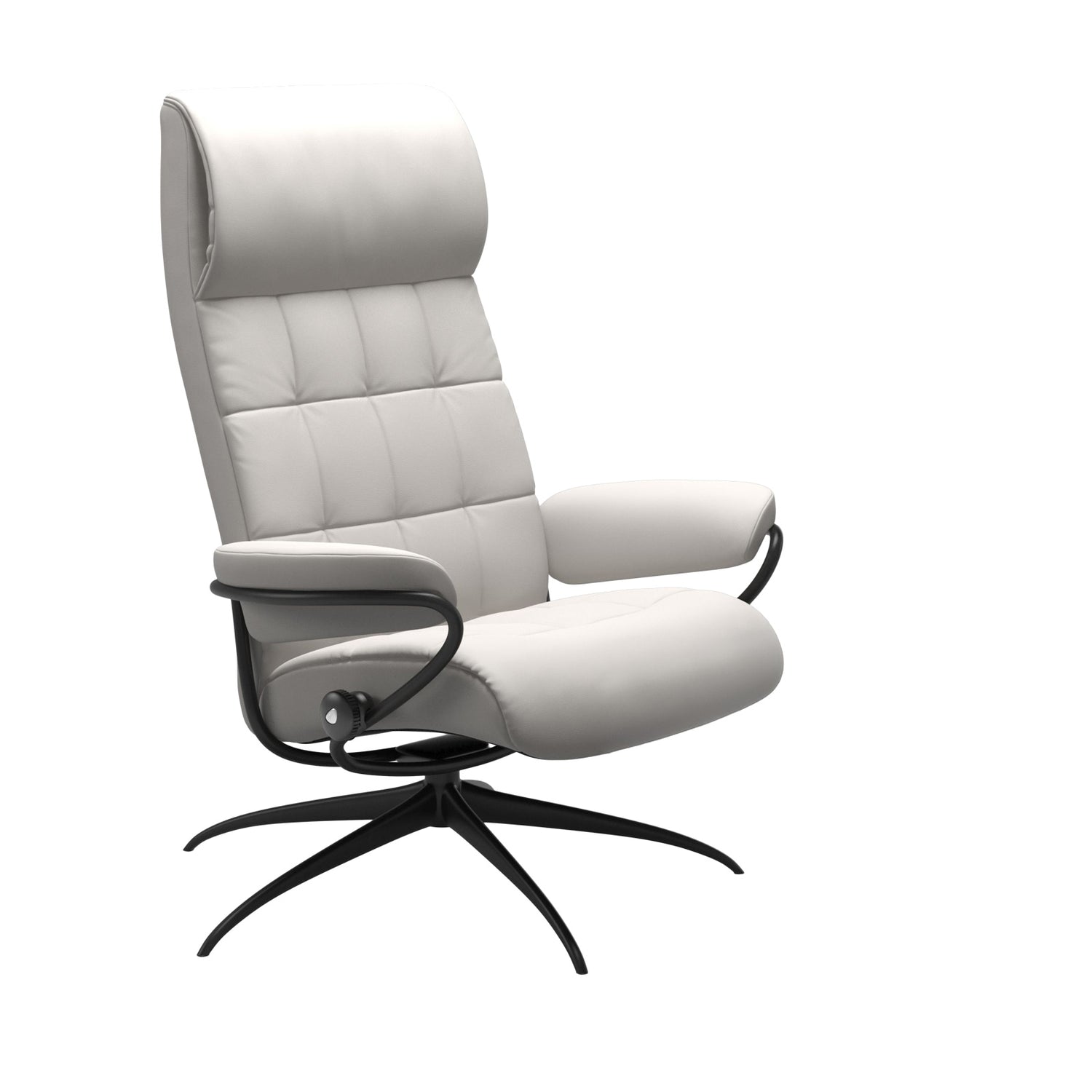 Stressless London, korkeaselkänojainen -lepotuoli valkoisena: Milky White 05 Batick -nahkaverhoilulla ja mattamustalla Star-metallijalustalla.
