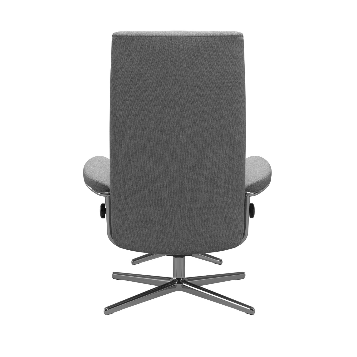Stressless London, korkeaselkänojainen -lepotuoli niskatuella ja rahilla harmaana: Peony Grey 12 -kangasverhoilulla ja kiiltävällä Cross-alumiinijalustalla.
