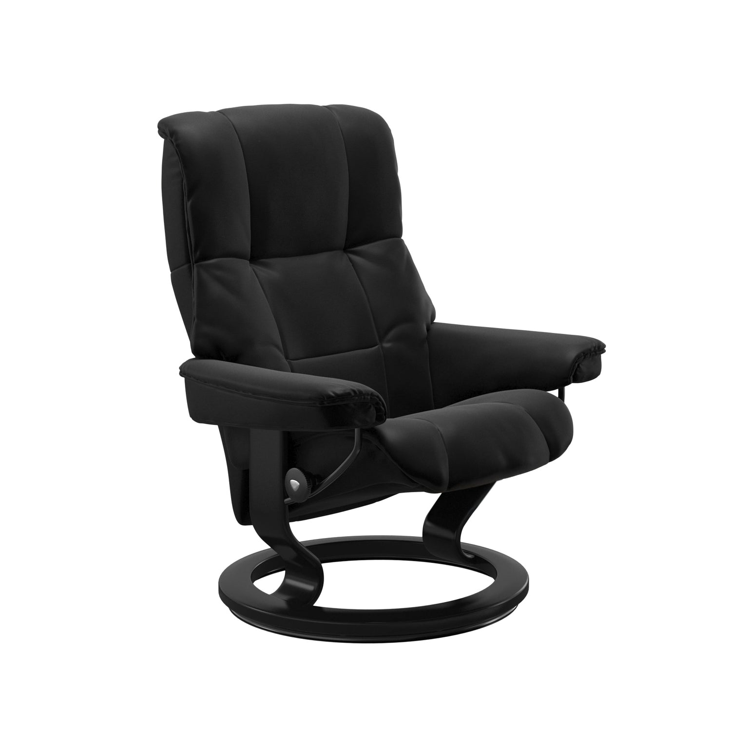 Stressless Mayfair M -lepotuoli mustana: Black 19 Batick-nahkaverhoilulla ja musta petsatulla -Classic-puujalustalla.