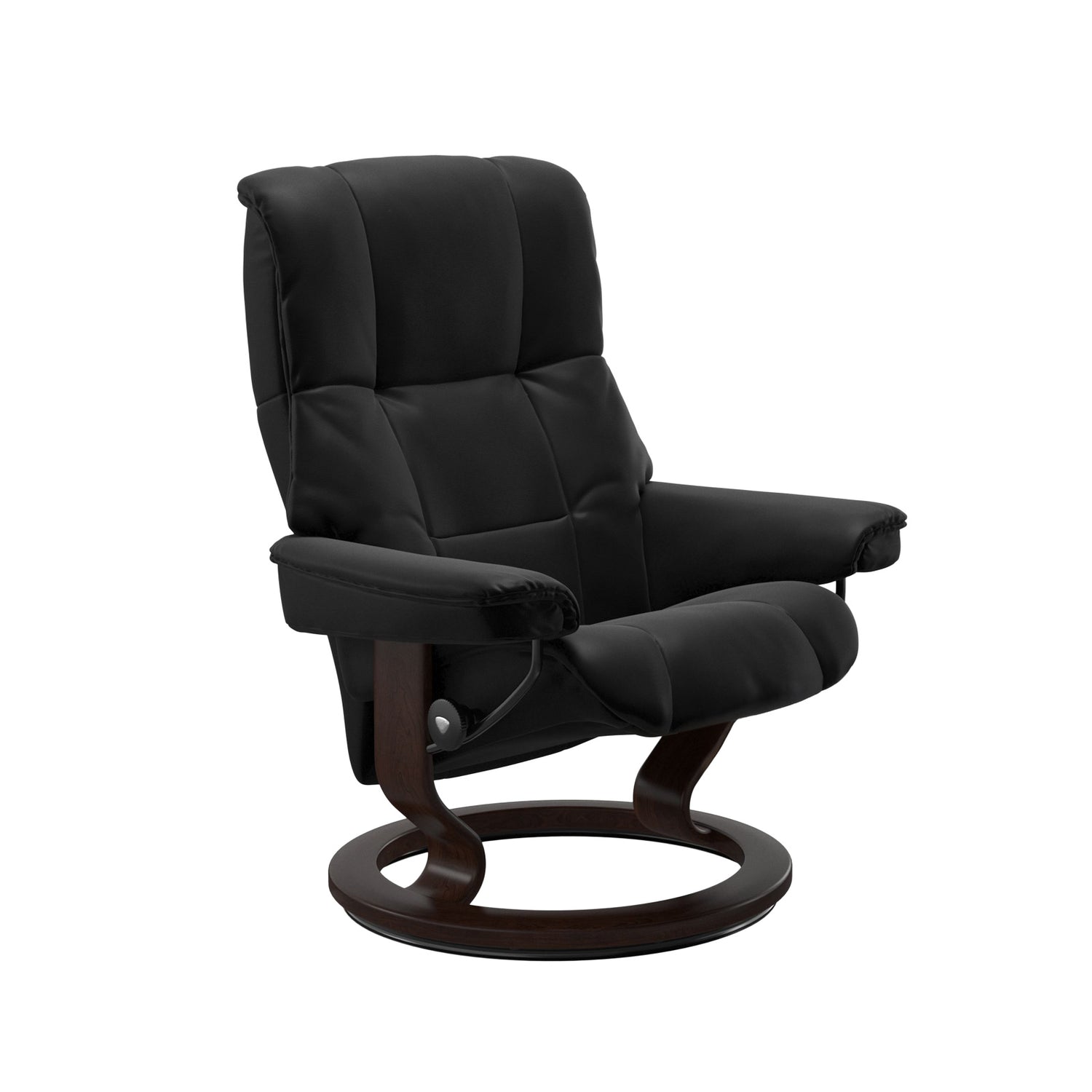 Stressless Mayfair M -lepotuoli mustana: Black 19 Batick-nahkaverhoilulla ja ruskea petsatulla -Classic-puujalustalla.
