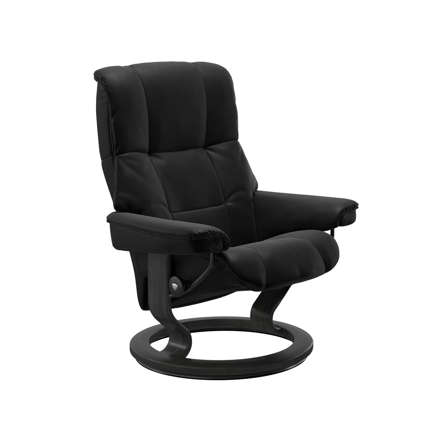 Stressless Mayfair M -lepotuoli mustana: Black 19 Batick-nahkaverhoilulla ja harmaa petsatulla -Classic-puujalustalla.