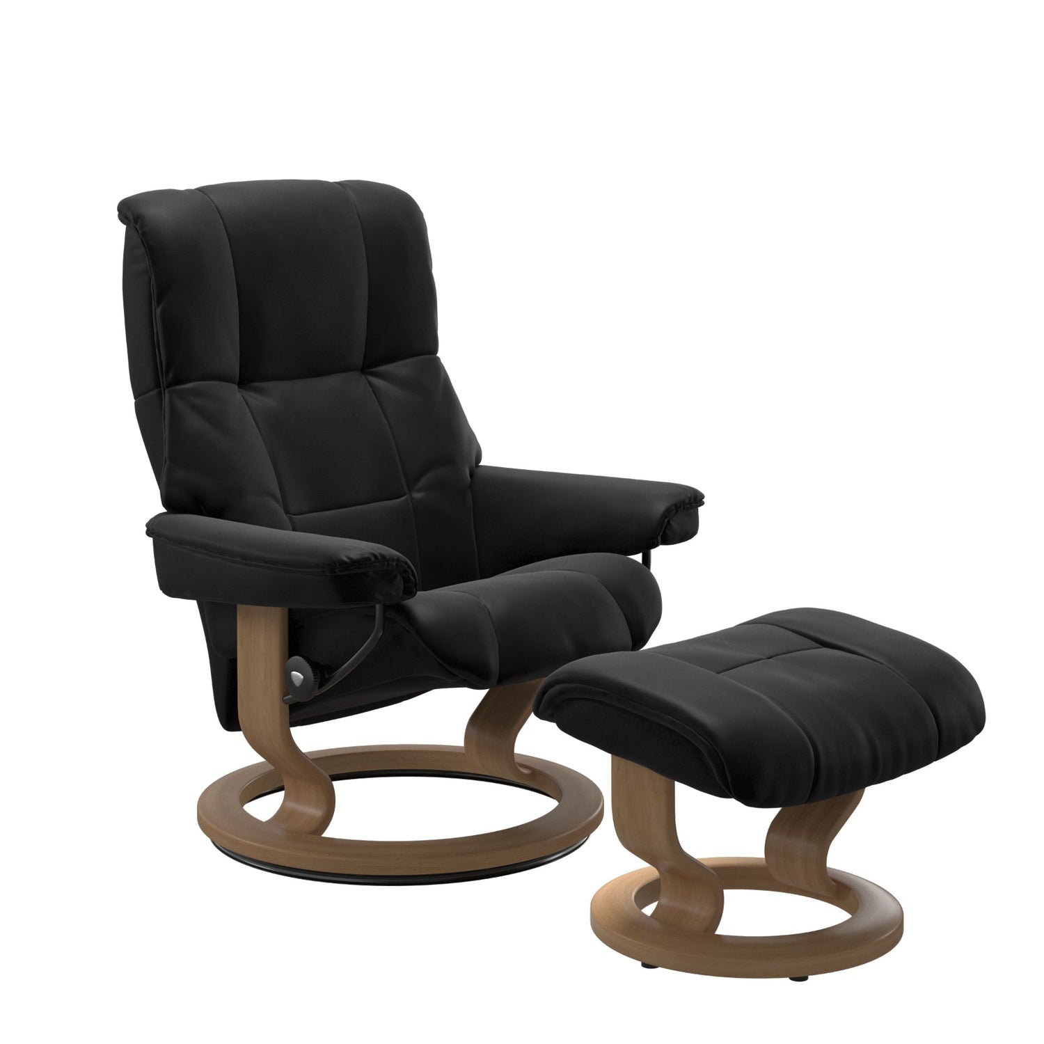 Stressless Mayfair M -lepotuoli ja rahi mustana: Black 19 Batick-nahkaverhoilulla ja tammi petsatulla -Classic-puujalustalla.