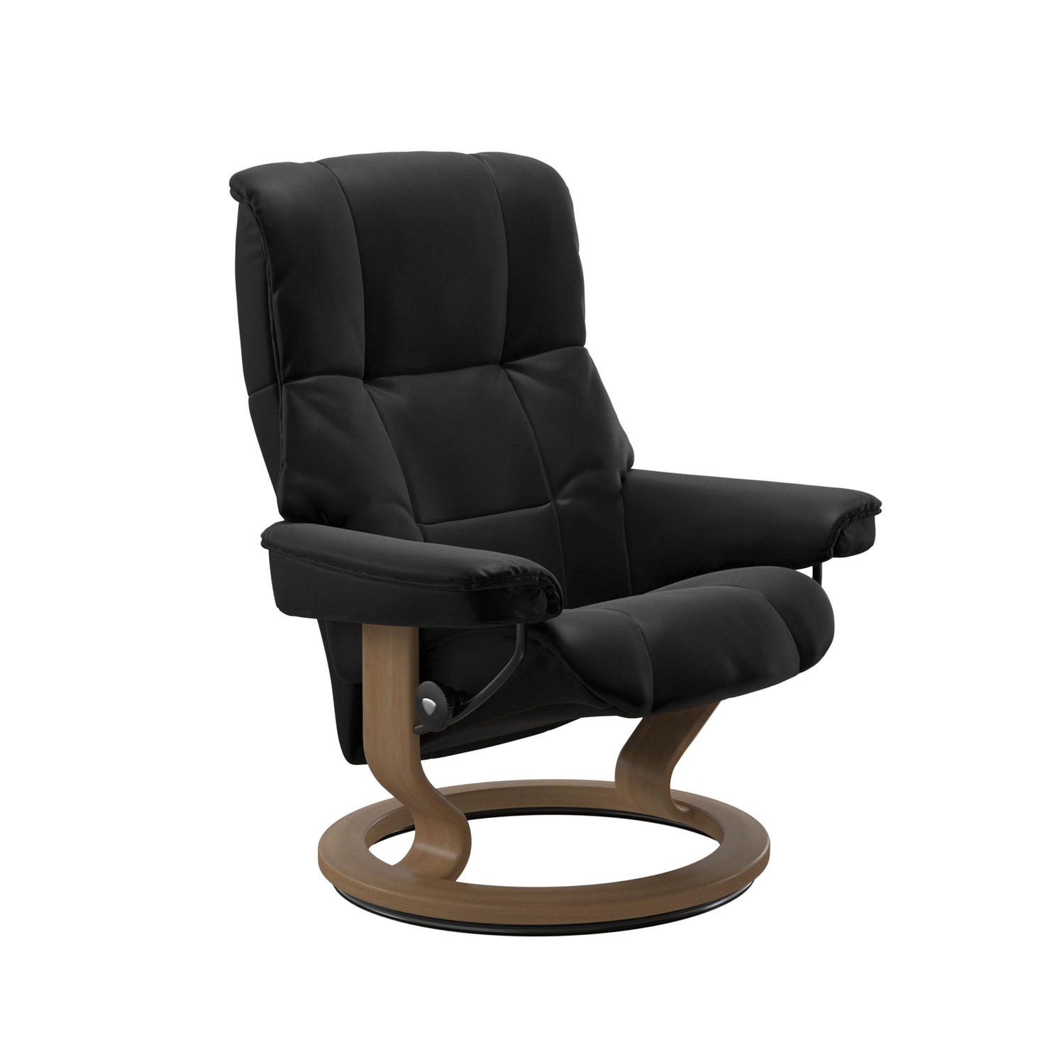 Stressless Mayfair M -lepotuoli mustana: Black 19 Batick-nahkaverhoilulla ja tammi petsatulla -Classic-puujalustalla.