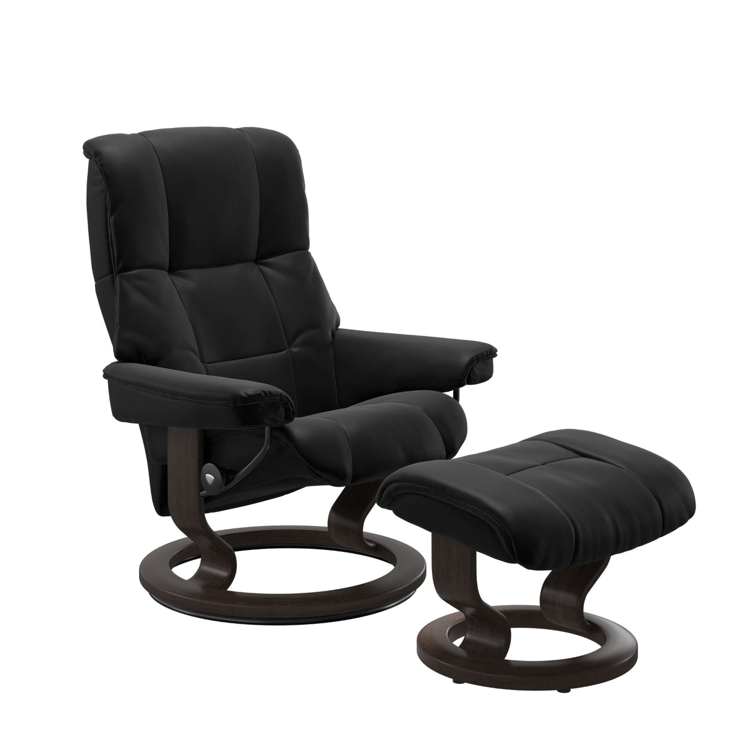 Stressless Mayfair M -lepotuoli ja rahi mustana: Black 19 Batick-nahkaverhoilulla ja wenge petsatulla -Classic-puujalustalla.