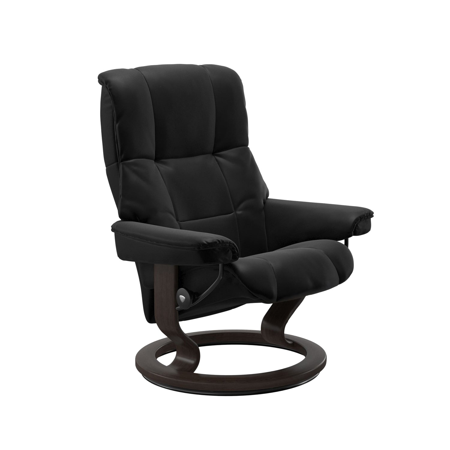 Stressless Mayfair M -lepotuoli mustana: Black 19 Batick-nahkaverhoilulla ja wenge petsatulla -Classic-puujalustalla.
