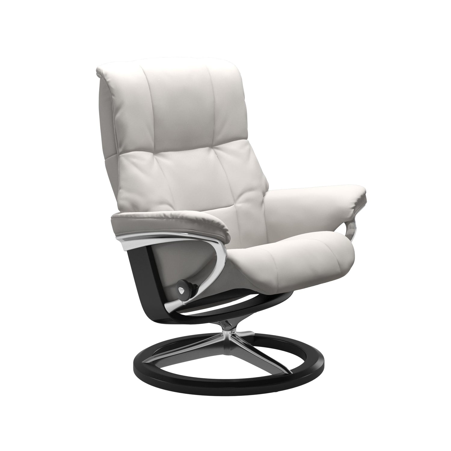 Stressless Mayfair M -lepotuoli valkoisena: Milky White 05 Batick -nahkaverhoilulla ja musta petsattu pyökki/kiiltävä alumiini -Signature-yhdistelmäjalustalla.