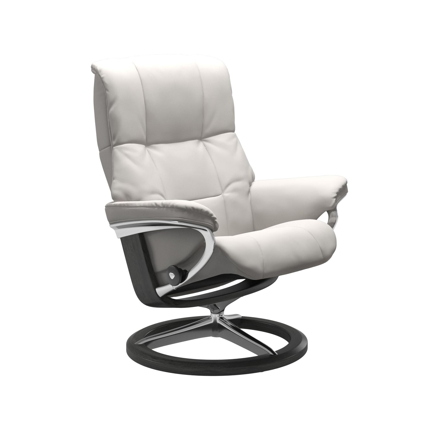 Stressless Mayfair M -lepotuoli valkoisena: Milky White 05 Batick -nahkaverhoilulla ja harmaa petsattu pyökki/kiiltävä alumiini -Signature-yhdistelmäjalustalla.