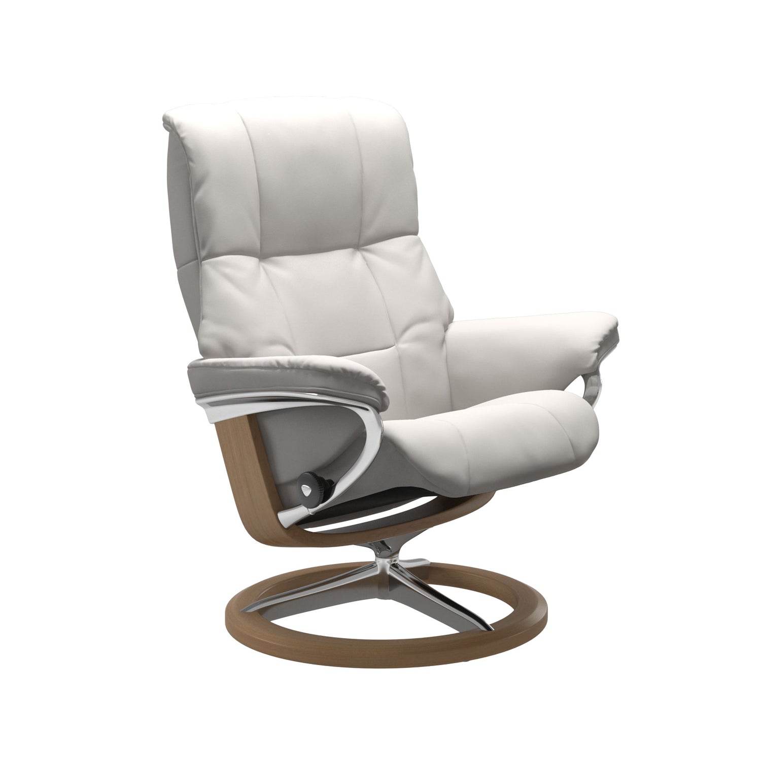 Stressless Mayfair M -lepotuoli valkoisena: Milky White 05 Batick -nahkaverhoilulla ja tammi petsattu pyökki/kiiltävä alumiini -Signature-yhdistelmäjalustalla.