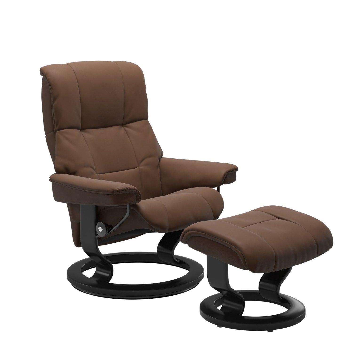 Stressless Mayfair M -lepotuoli ja rahi ruskeana: Warm Brown 87 Batick-nahkaverhoilulla ja musta petsatulla -Classic-puujalustalla.