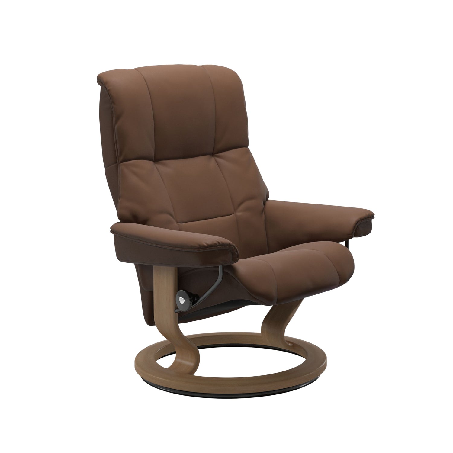 Stressless Mayfair M -lepotuoli ruskeana: Warm Brown 87 Batick-nahkaverhoilulla ja tammi petsatulla -Classic-puujalustalla.