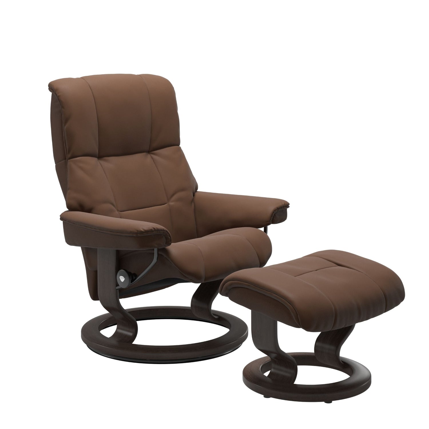 Stressless Mayfair M -lepotuoli ja rahi ruskeana: Warm Brown 87 Batick-nahkaverhoilulla ja wenge petsatulla -Classic-puujalustalla.