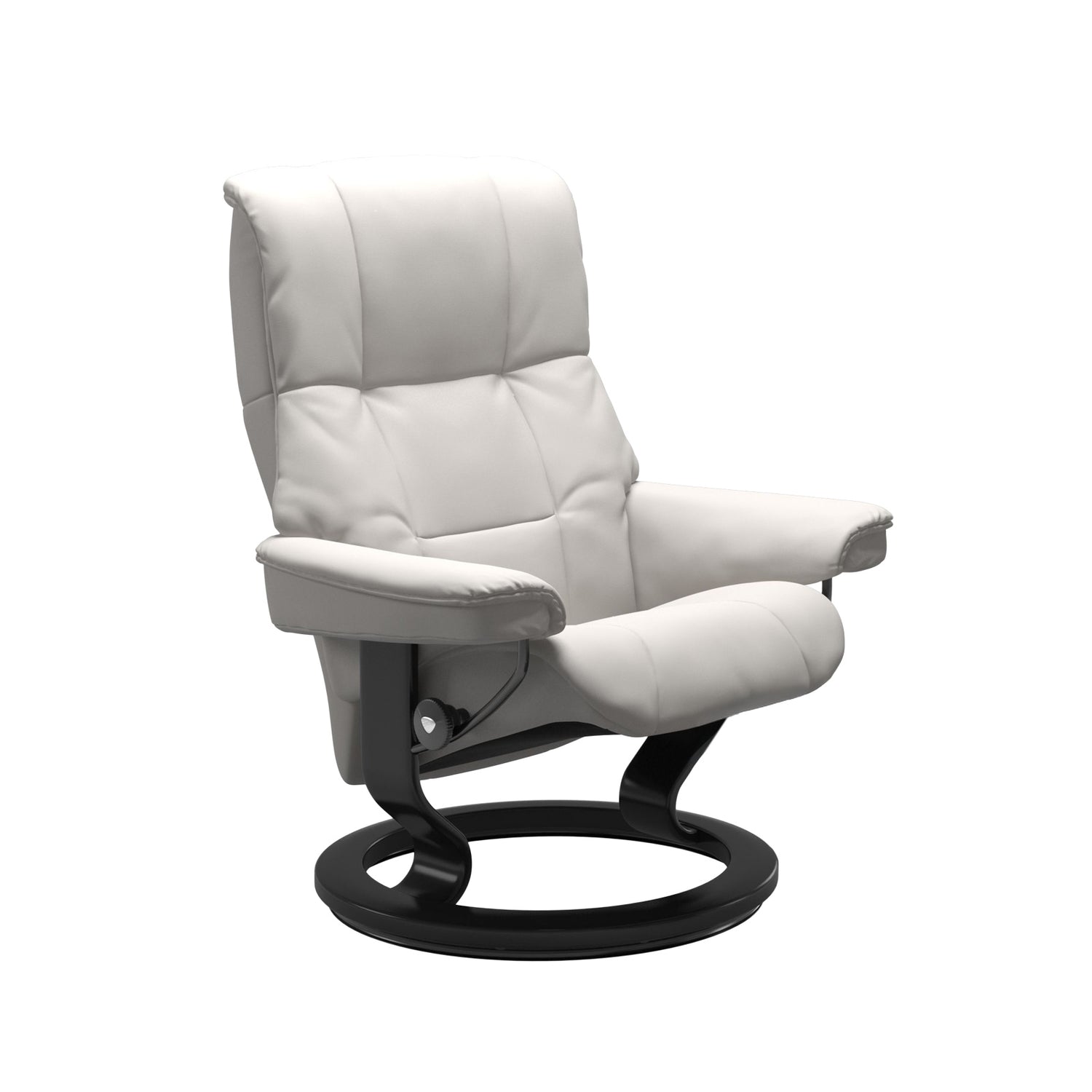 Stressless Mayfair M -lepotuoli valkoisena: Milky White 05 Batick -nahkaverhoilulla ja musta petsatulla -Classic-puujalustalla.