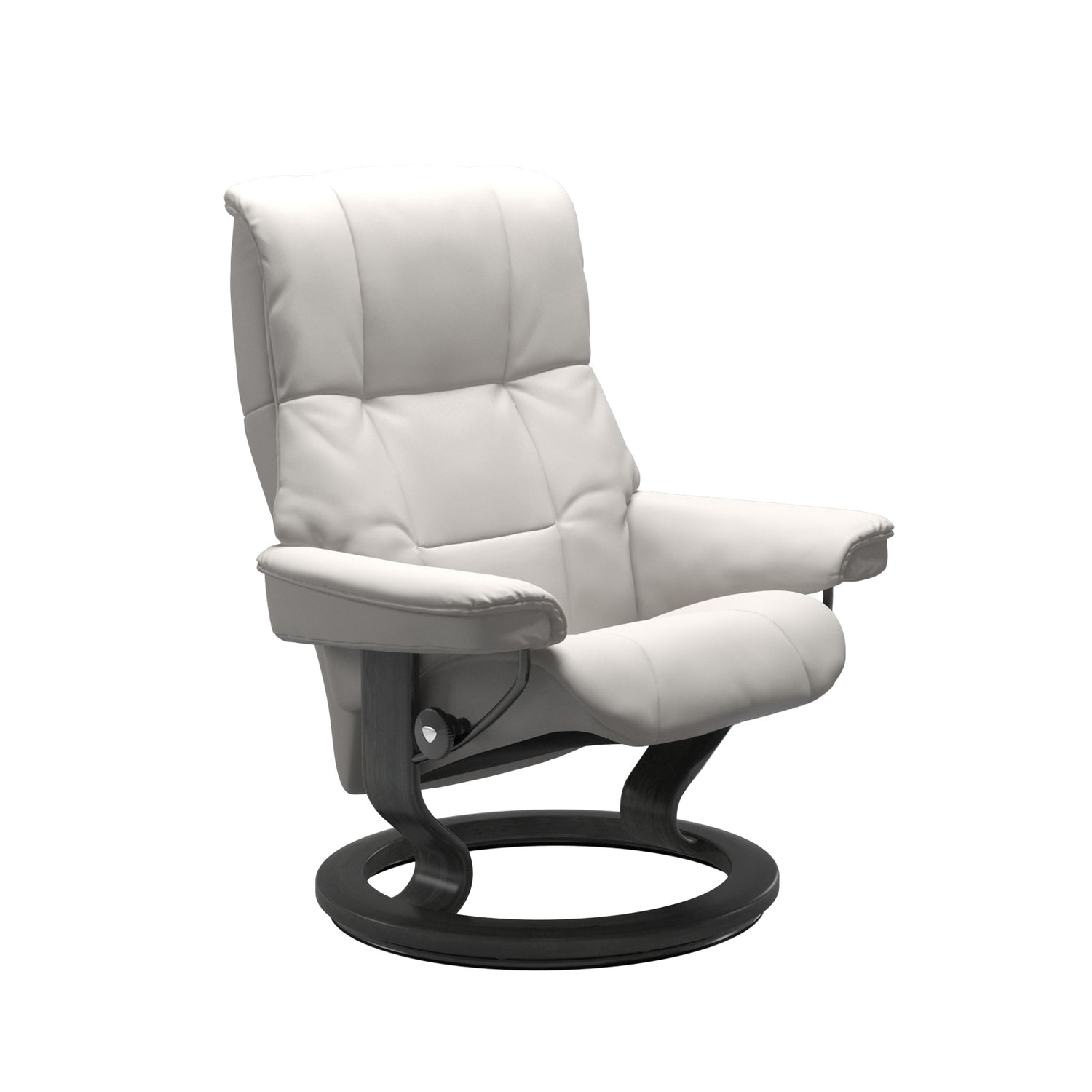 Stressless Mayfair M -lepotuoli valkoisena: Milky White 05 Batick -nahkaverhoilulla ja harmaa petsatulla -Classic-puujalustalla.