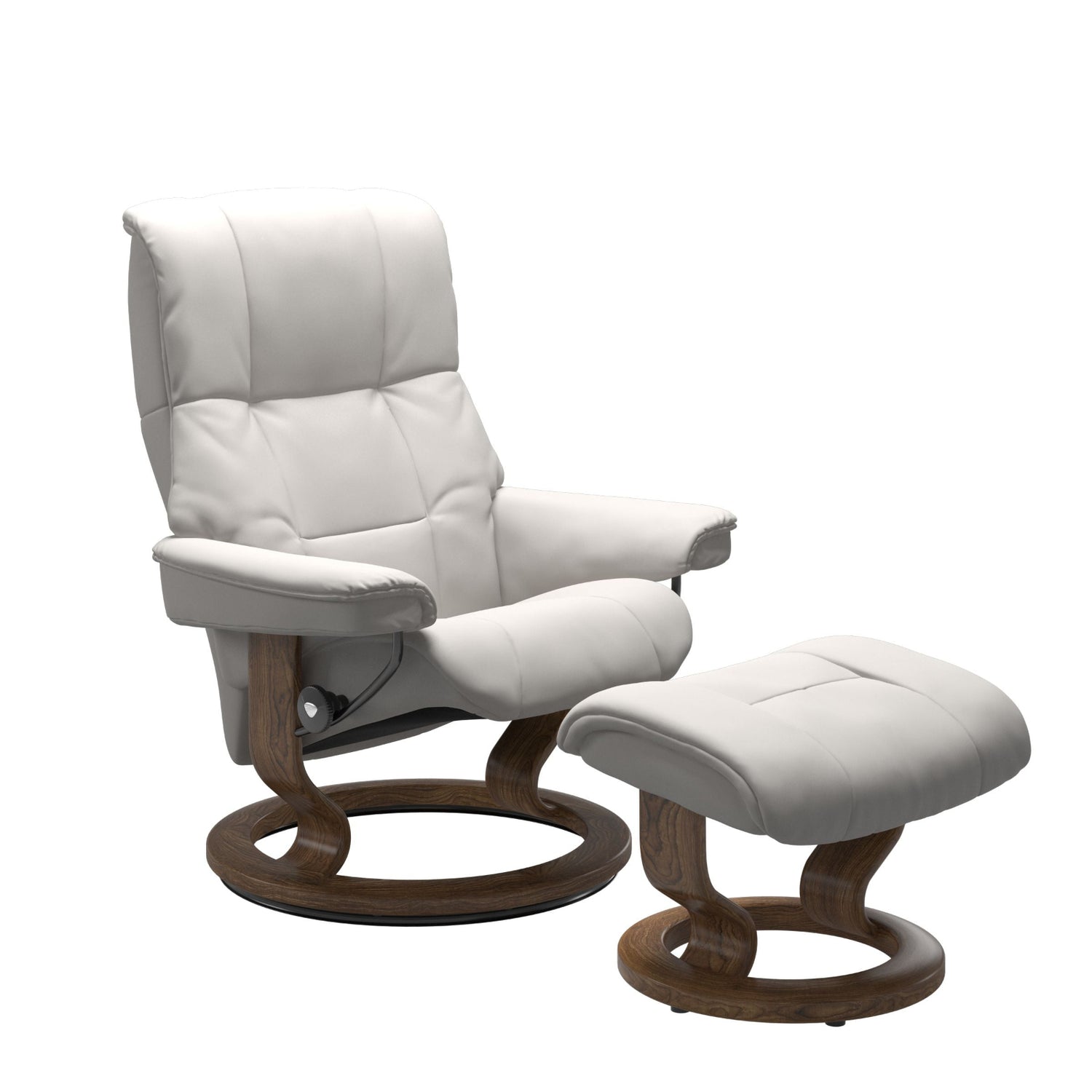 Stressless Mayfair M -lepotuoli ja rahi valkoisena: Milky White 05 Batick -nahkaverhoilulla ja tiikki petsatulla -Classic-puujalustalla.